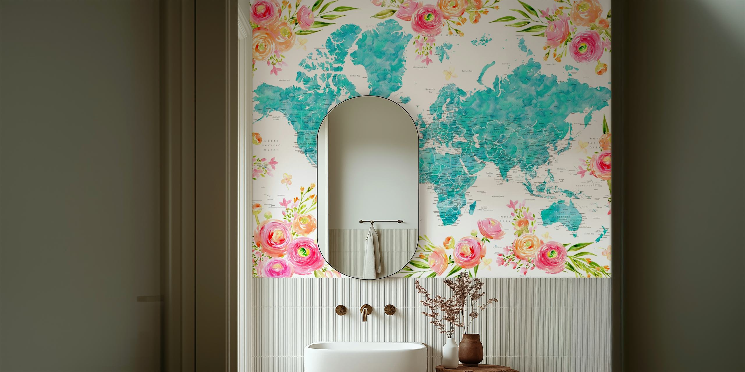 Mapa mundial detalhado com bordas florais em tons turquesa e pastel em um mural de parede.