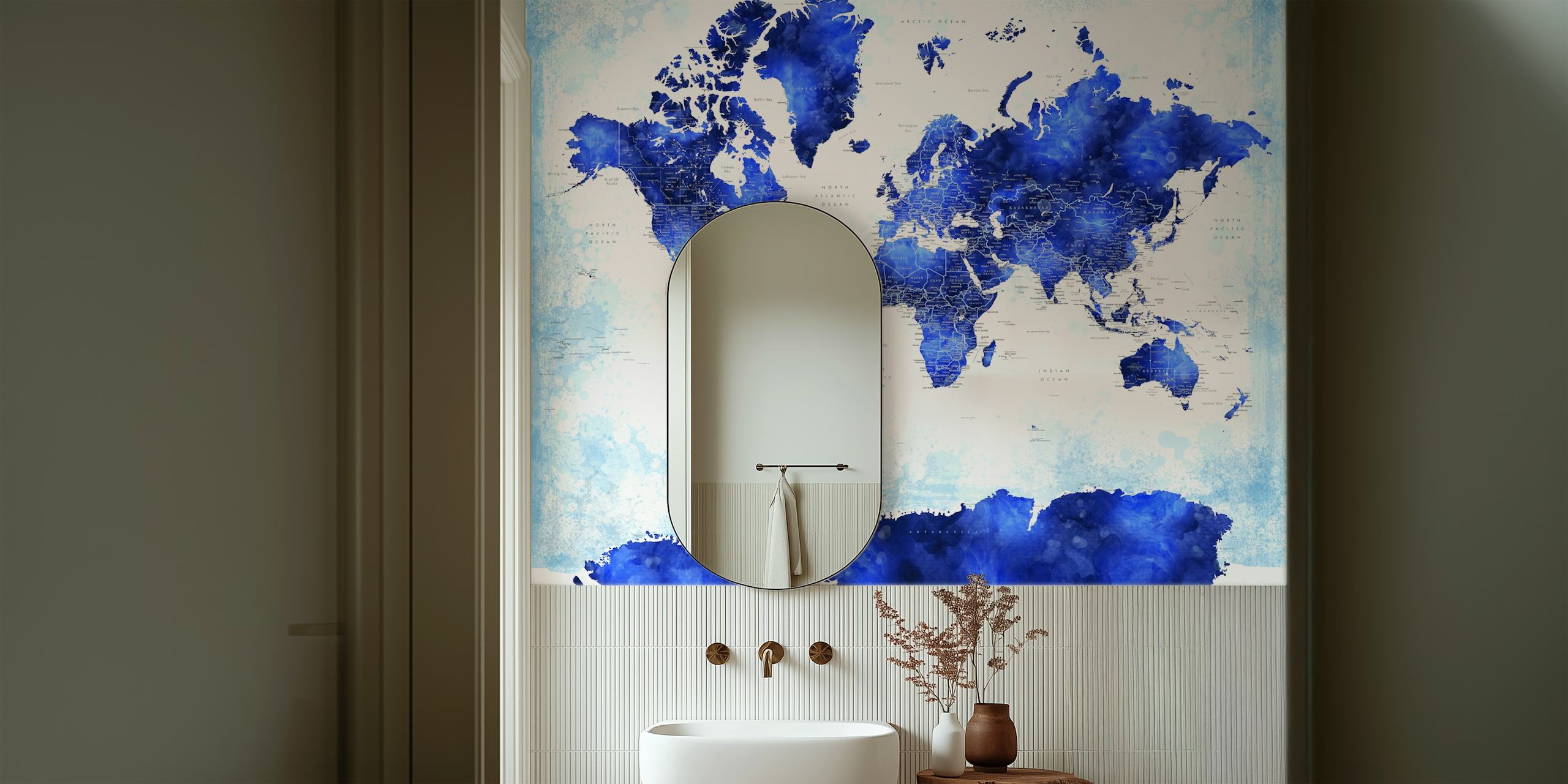 Blue watercolor world map with details and textures wallpaper
