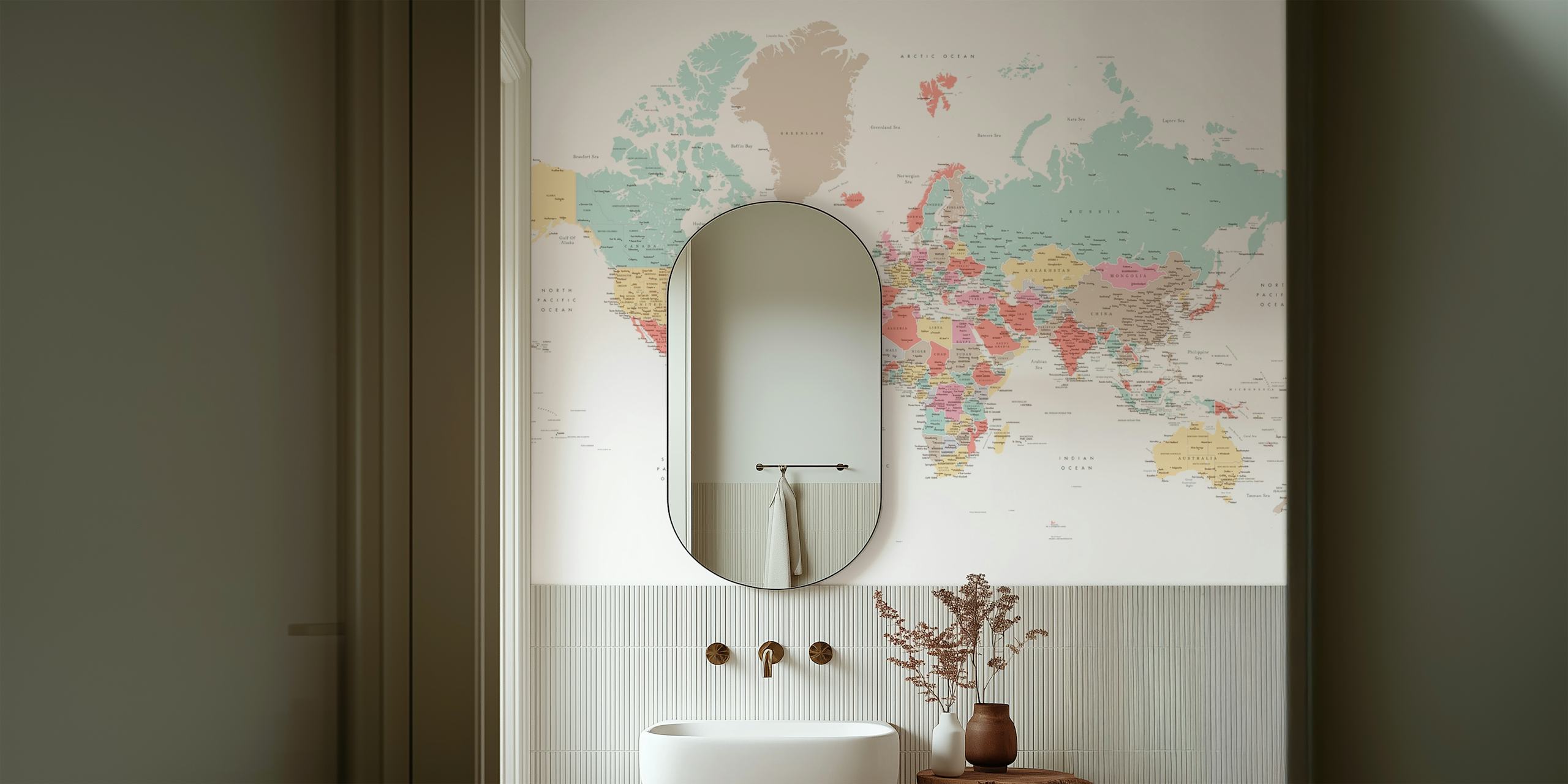 Detailed world map Pastella wallpaper in a room