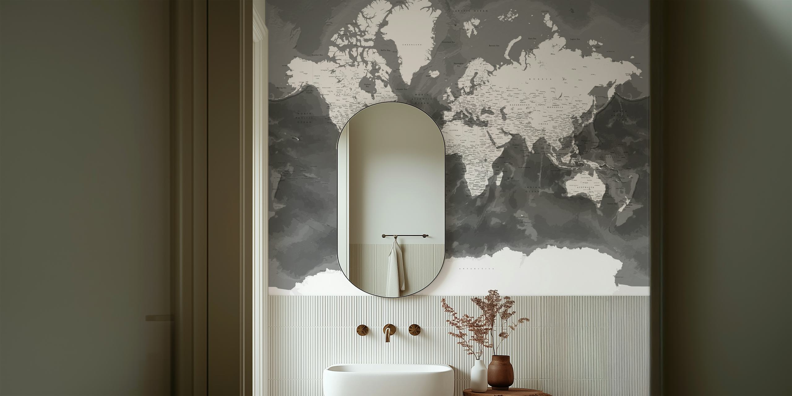 Black and white world map wallpaper with detailed geographic features and labels.