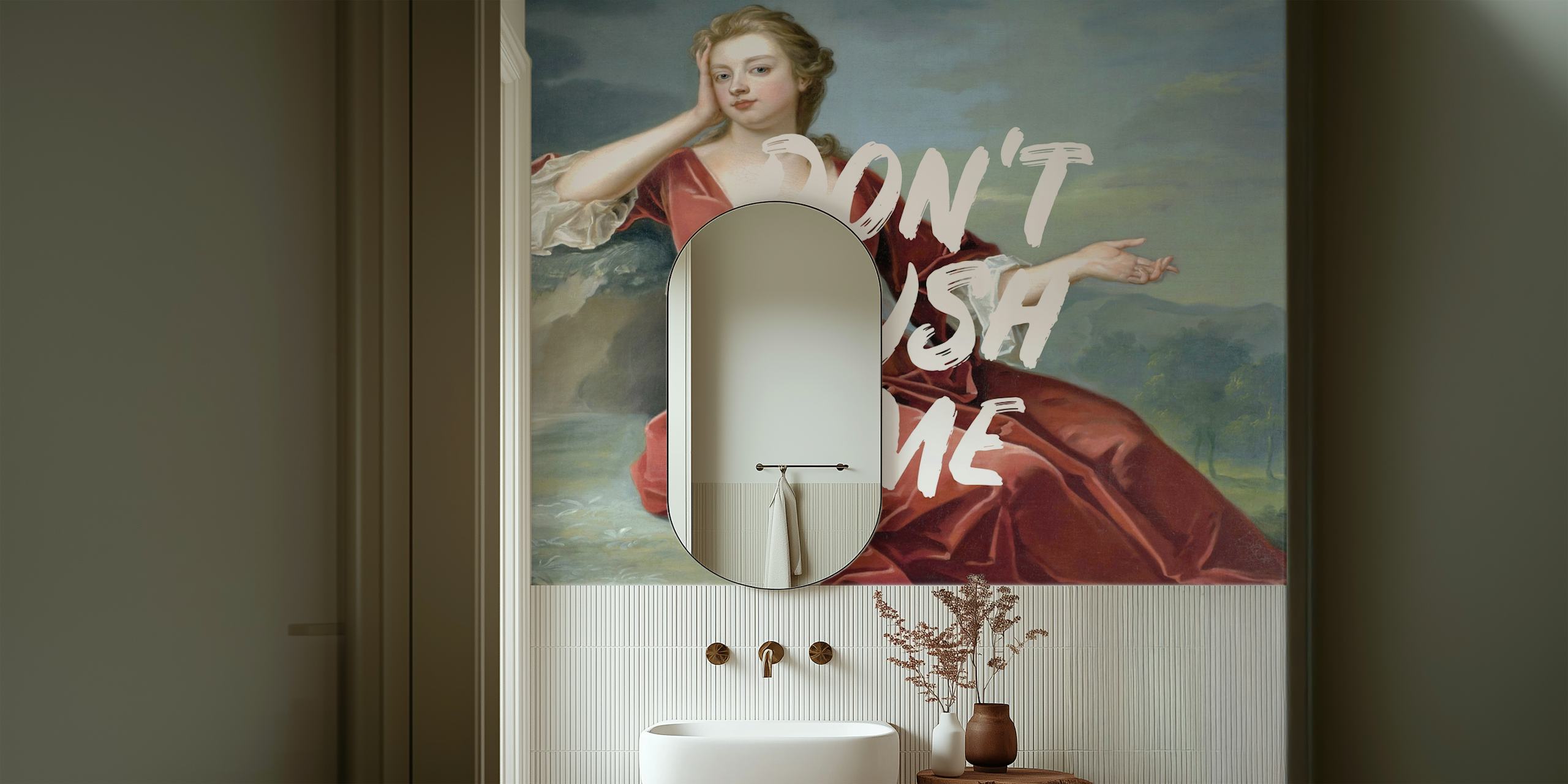 Vintage wallpaper featuring a lady in red dress and text Don't Rush Me