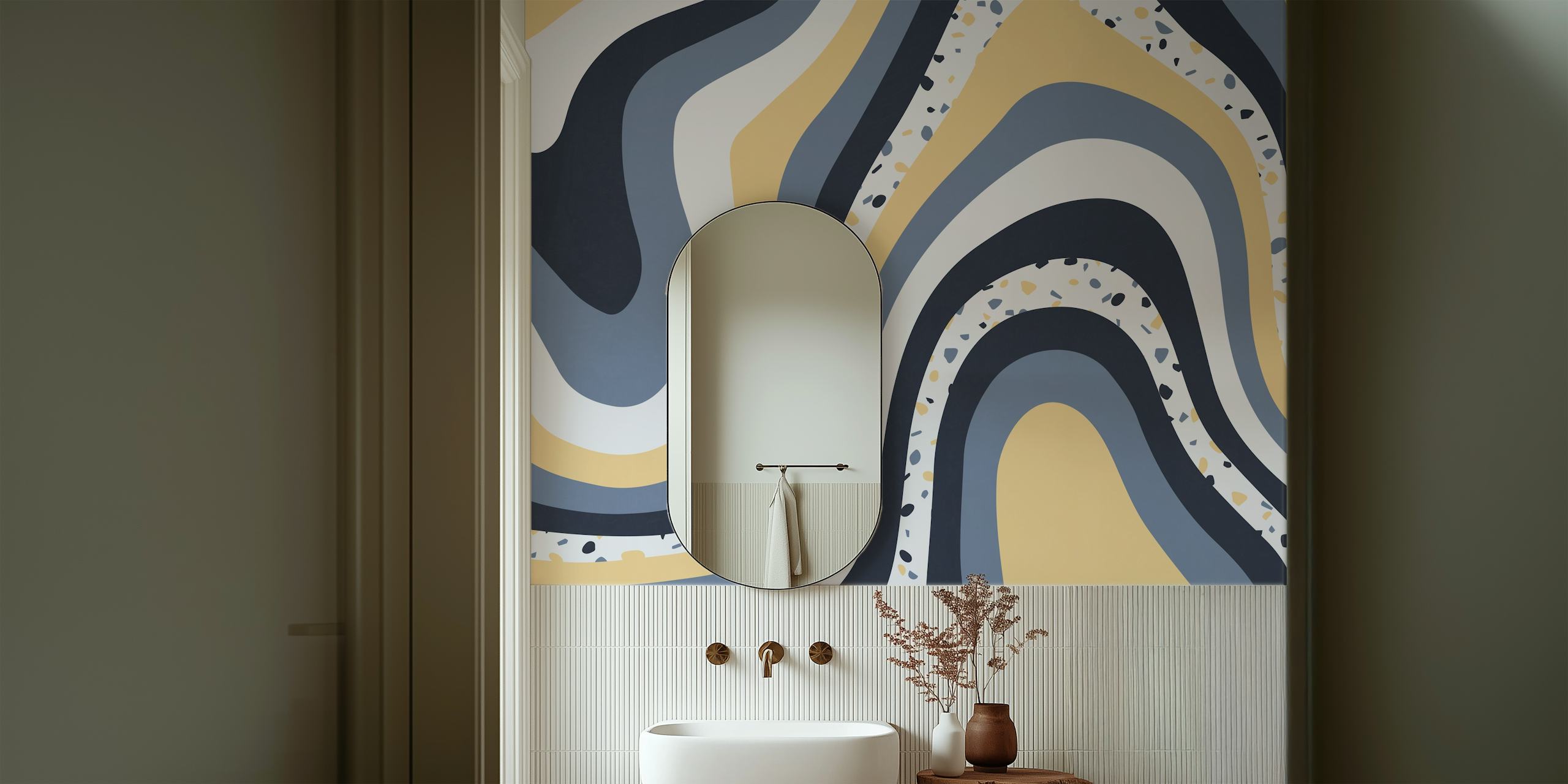 Abstract Organic IX wall mural with fluid lines in greys, tans, and black