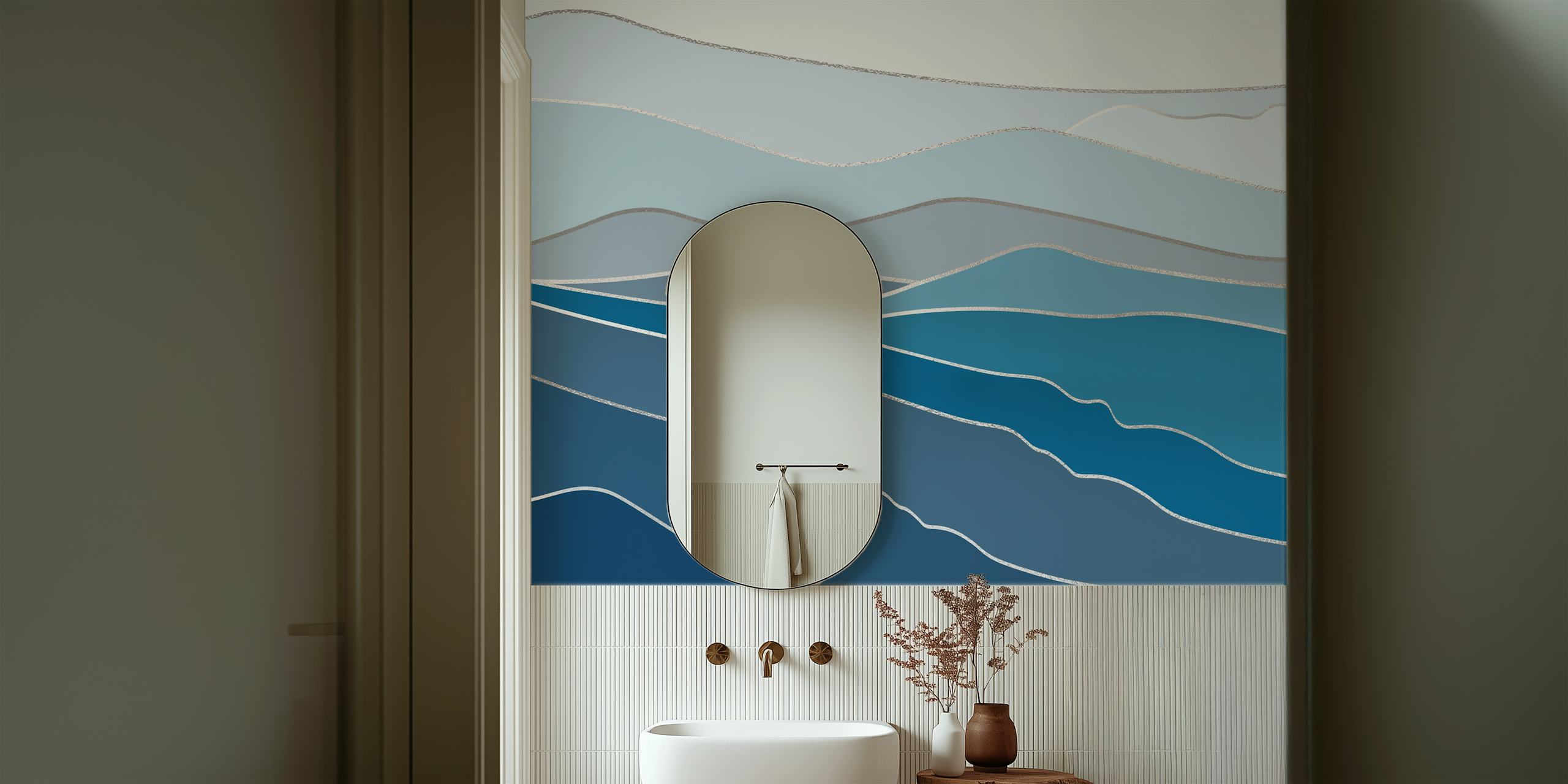 Papel de parede Landscape Blue And Silver em um quarto