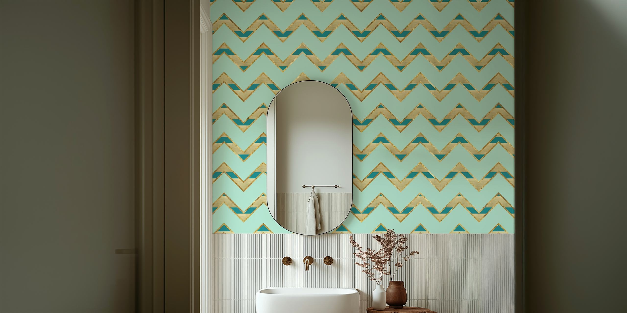 Chevron mønster vægmaleri i blågrønne og beige nuancer, navngivet Chevron Summer Glam 1