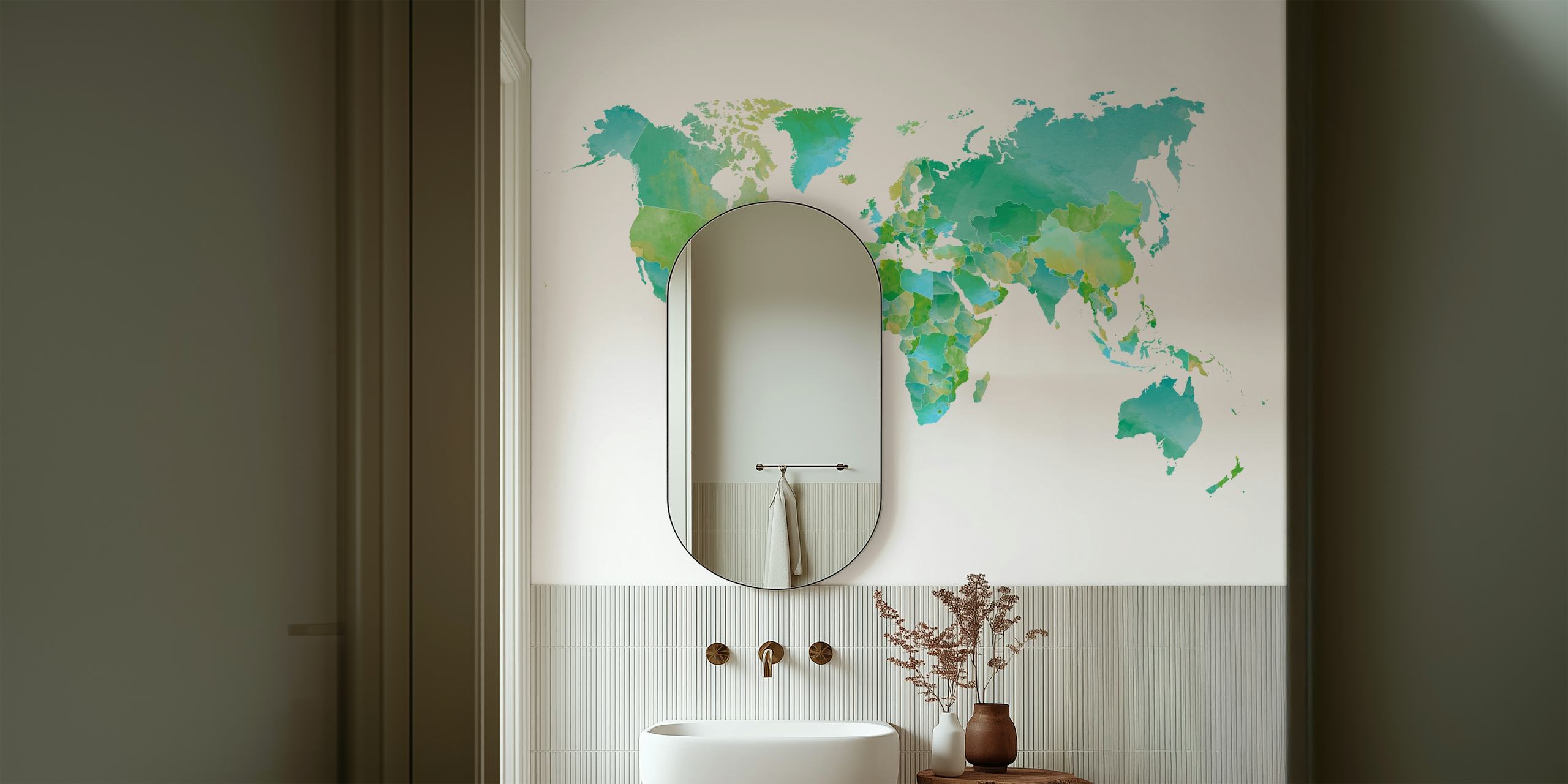 Colorful world map in green and blue watercolor wallpaper.