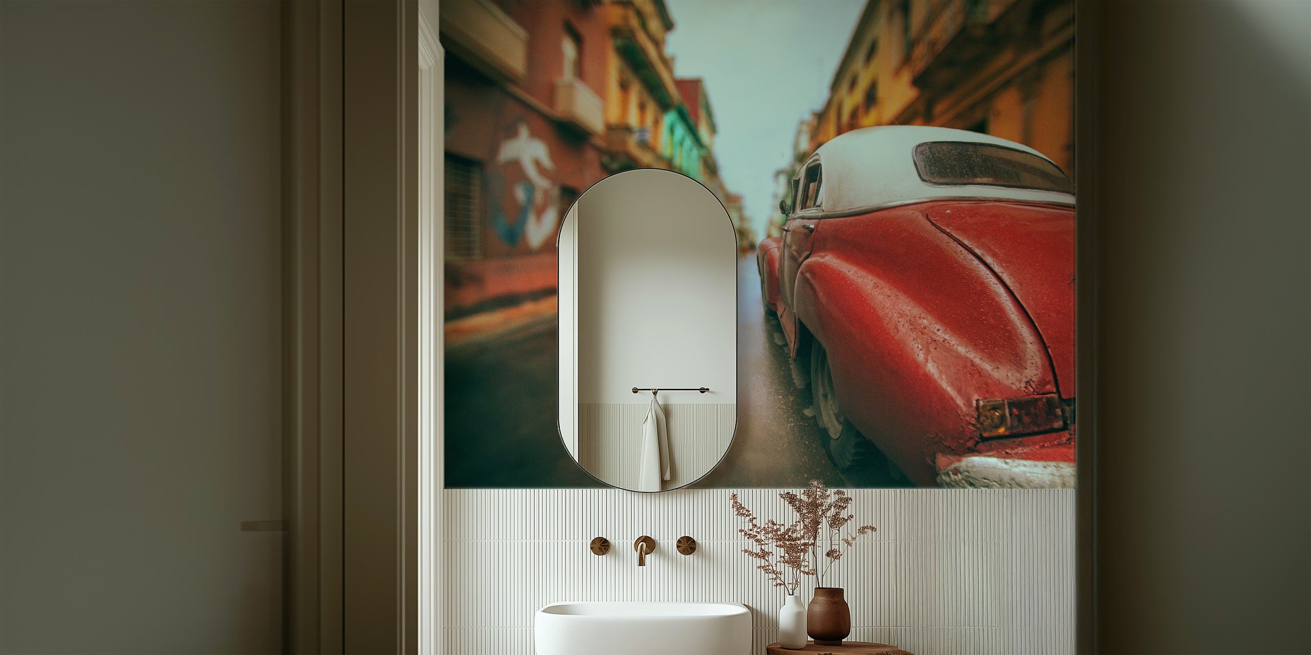 Cuban vintage car with backdrop of colorful street buildings wallpaper