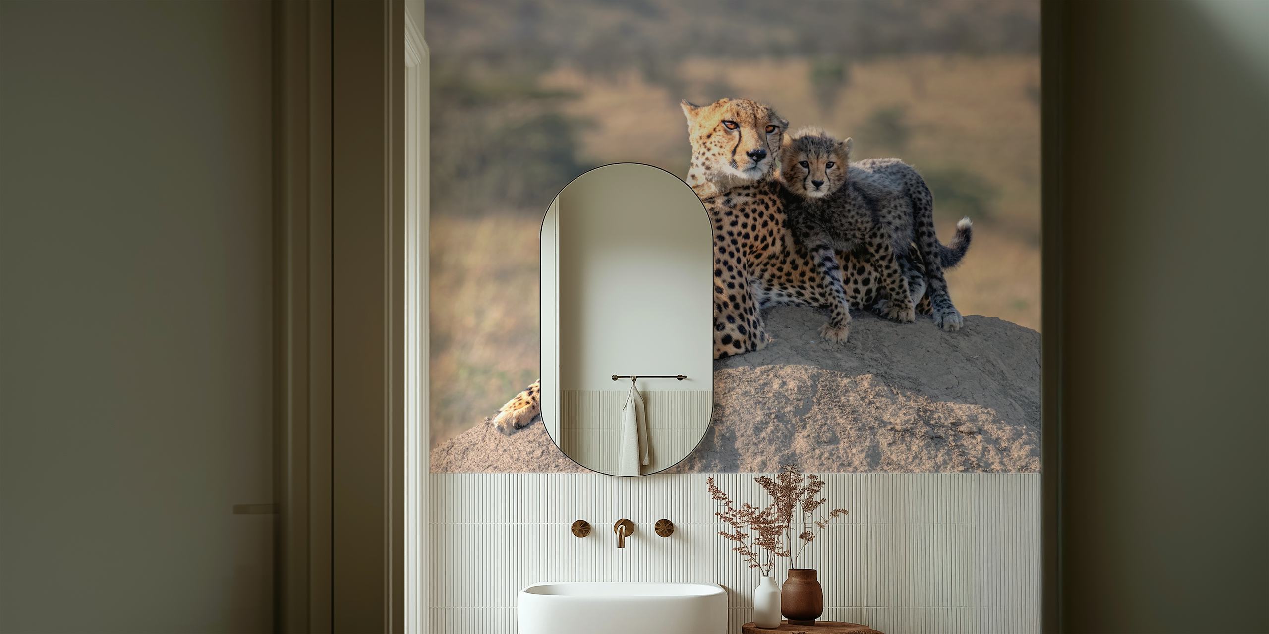Cheetah mother with cub on a savannah rock wall mural