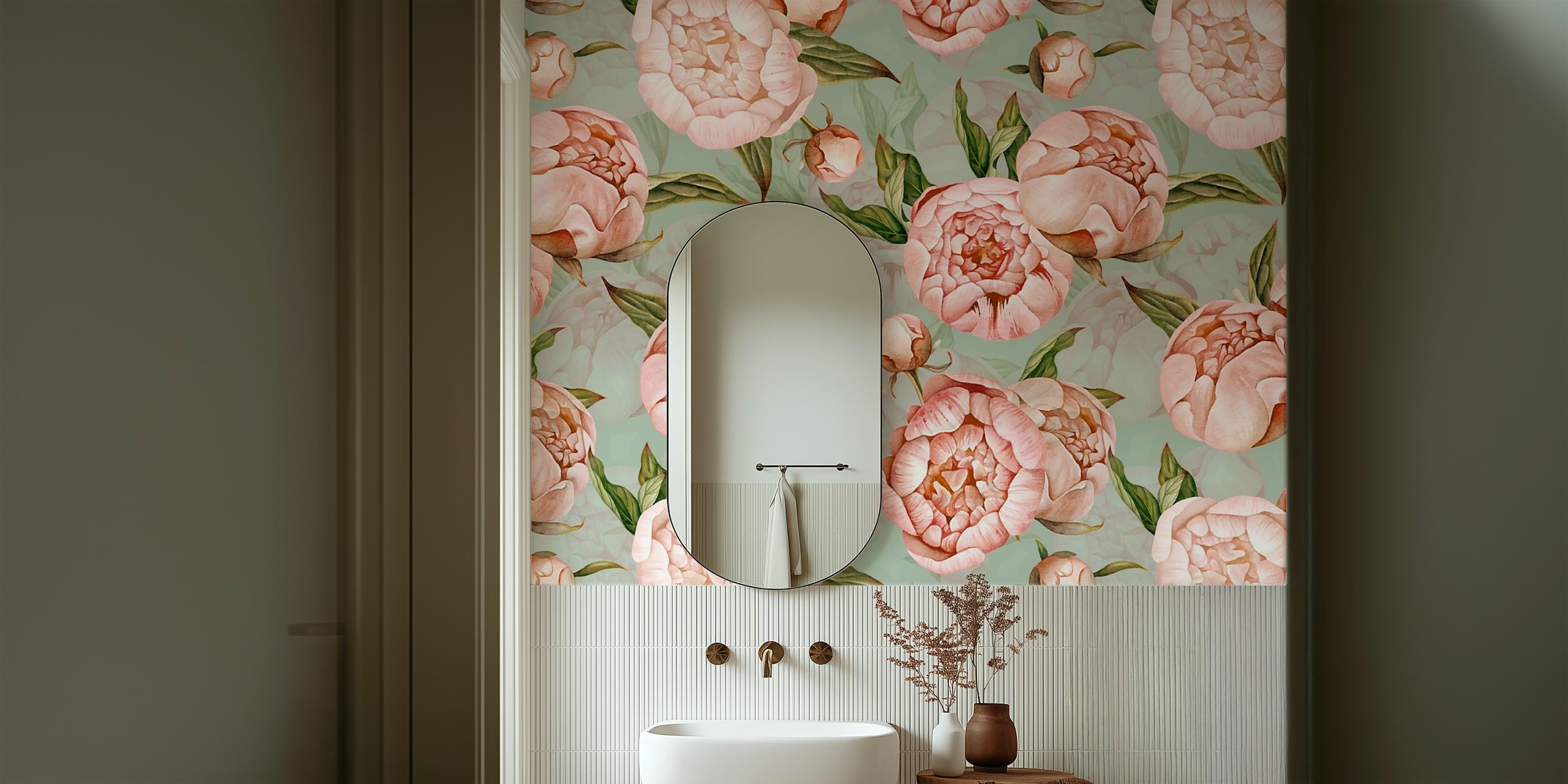 Pink peonies with green leaves on teal background wallpaper
