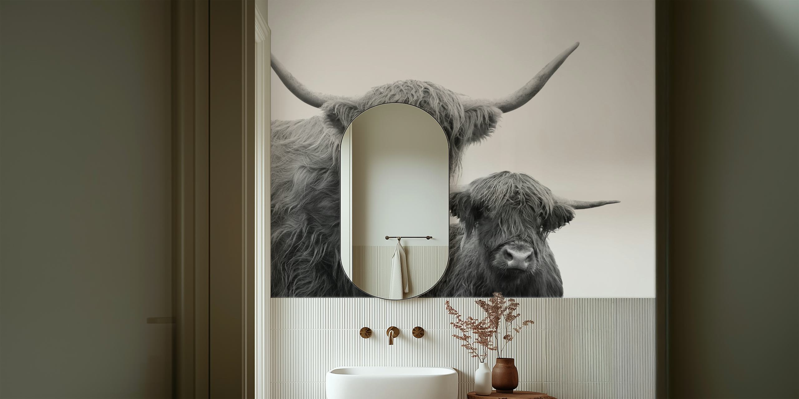 Black and white wall mural of highland cows showing rich texture and peaceful expressions