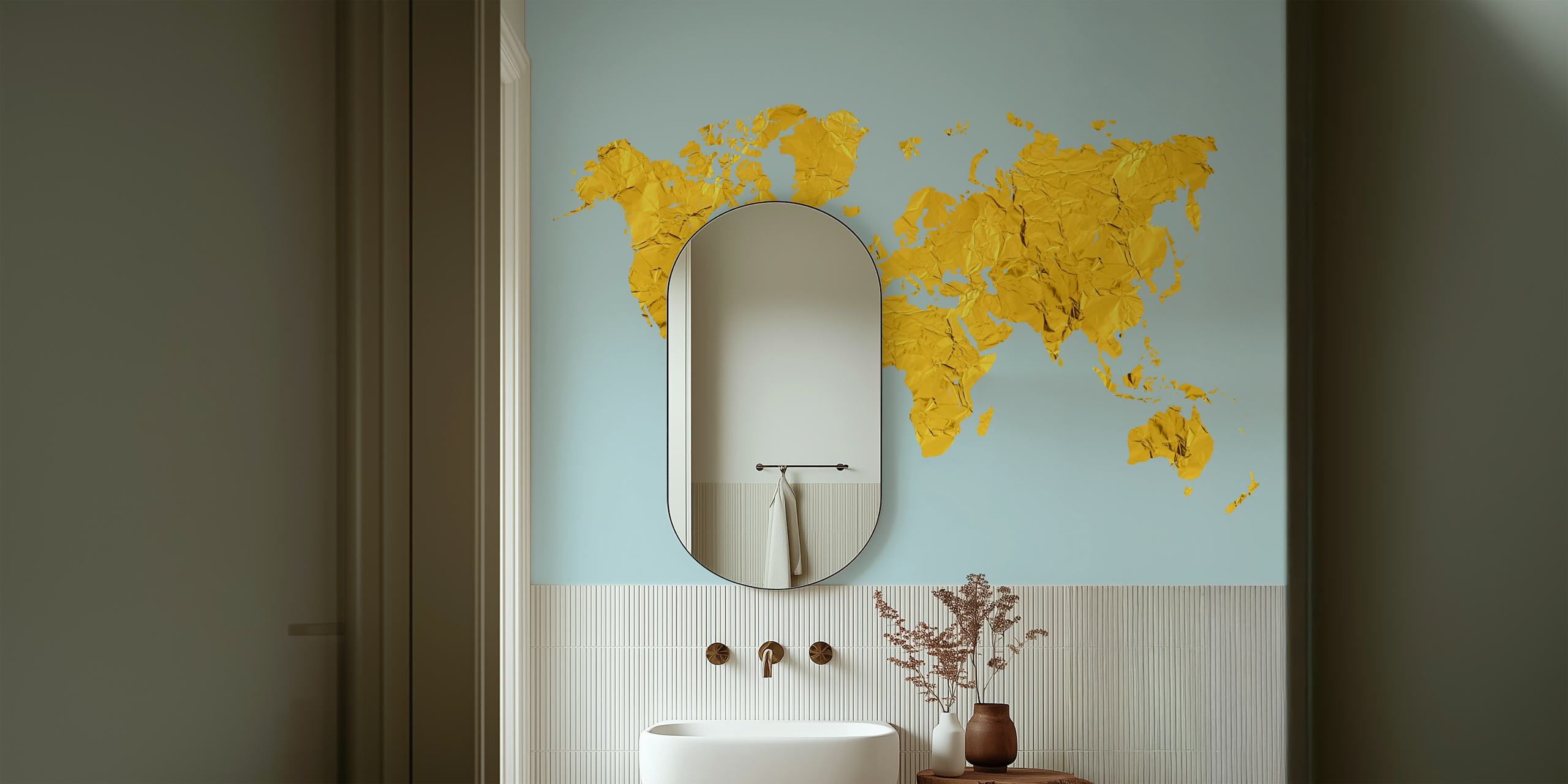 Golden map wallpaper in a room