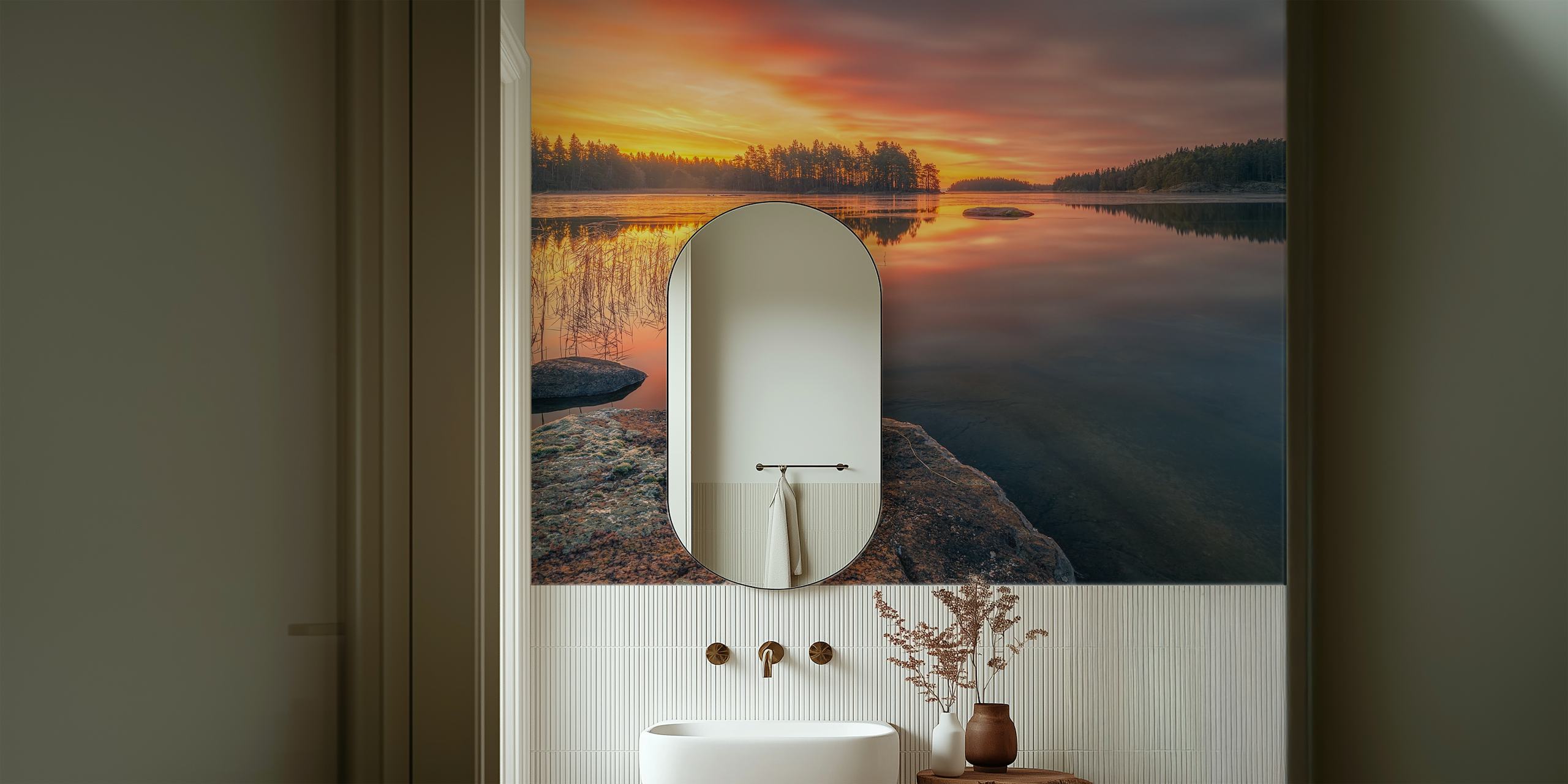 Tranquil Vättern Lake at dawn with pastel skies mural