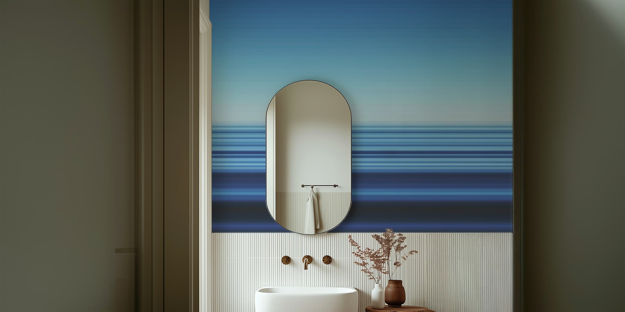 Abstract seascape wall mural with horizontal blue lines representing Playa des Ses Illetes