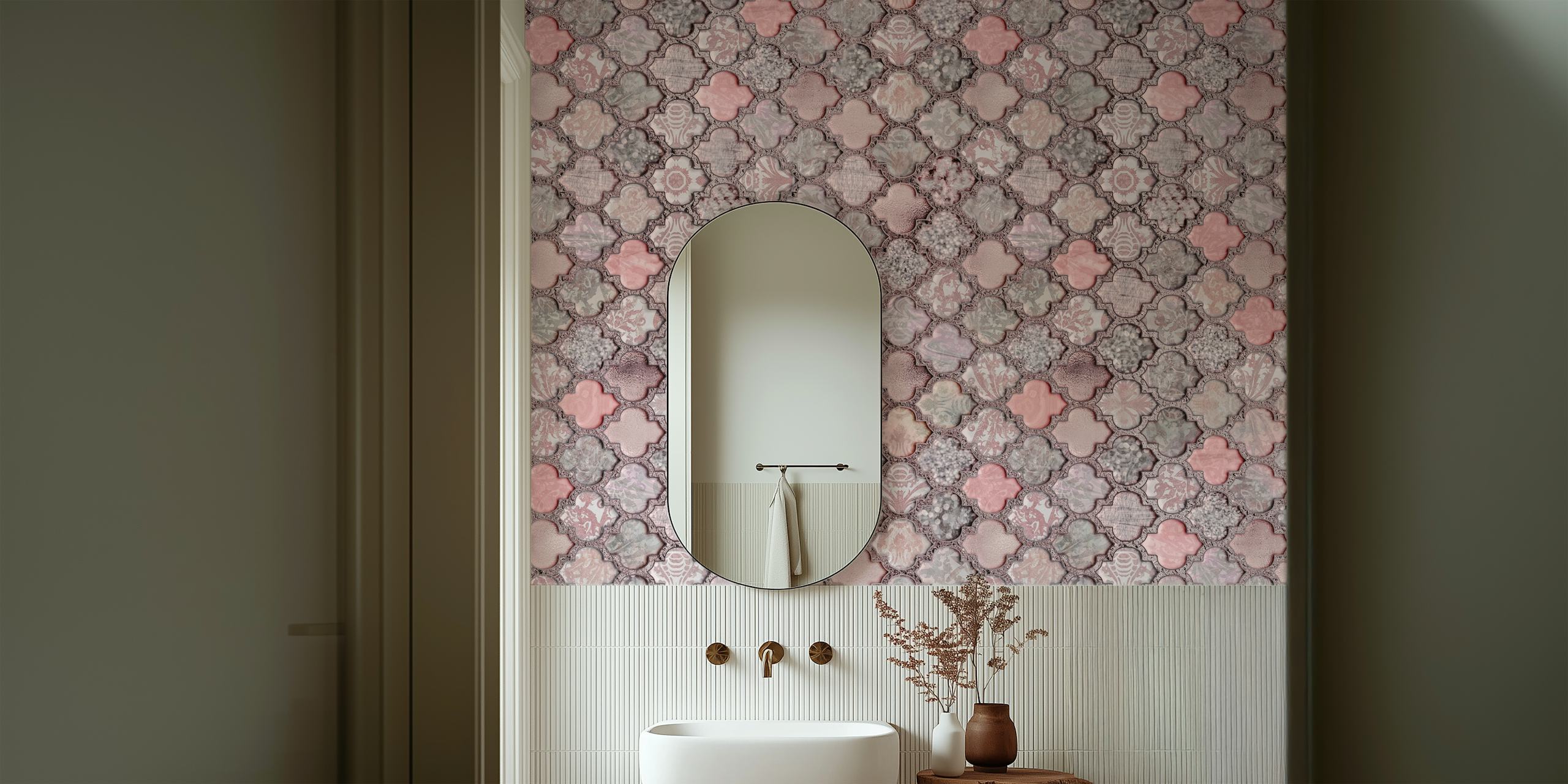 Vintage Moroccan Tiles Pink tapetti huoneessa