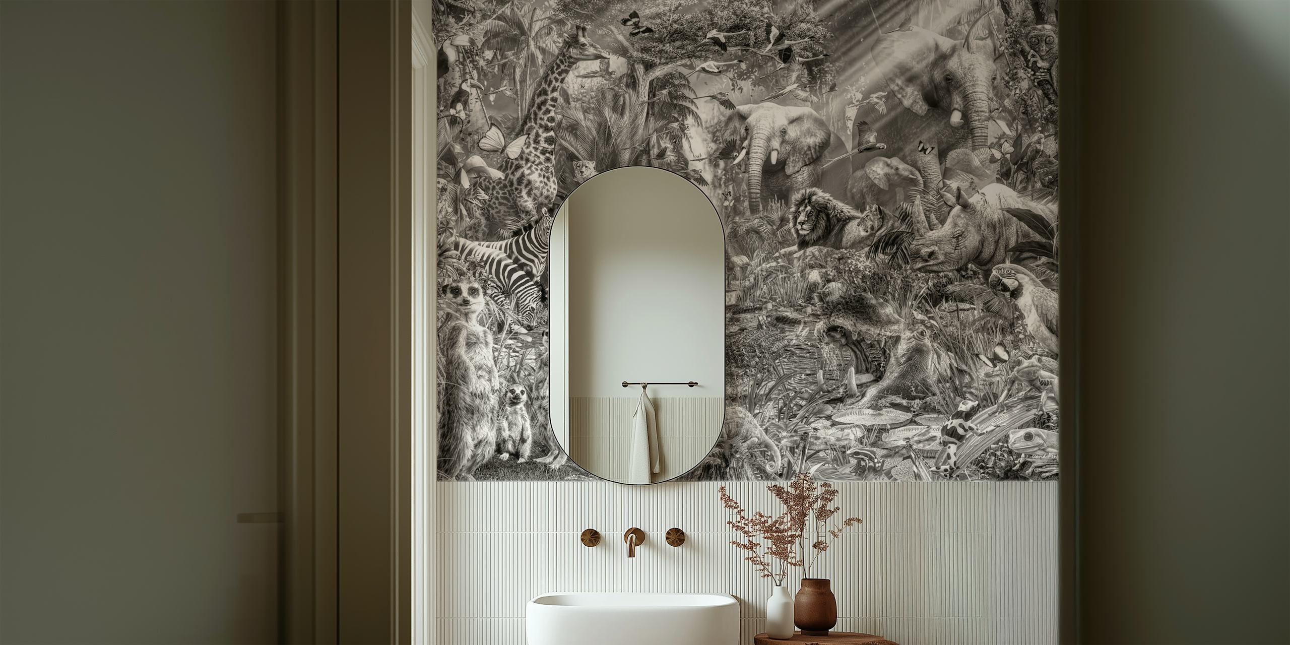 Jungle animal scene with elephants, lions, and zebras in black and white wallpaper