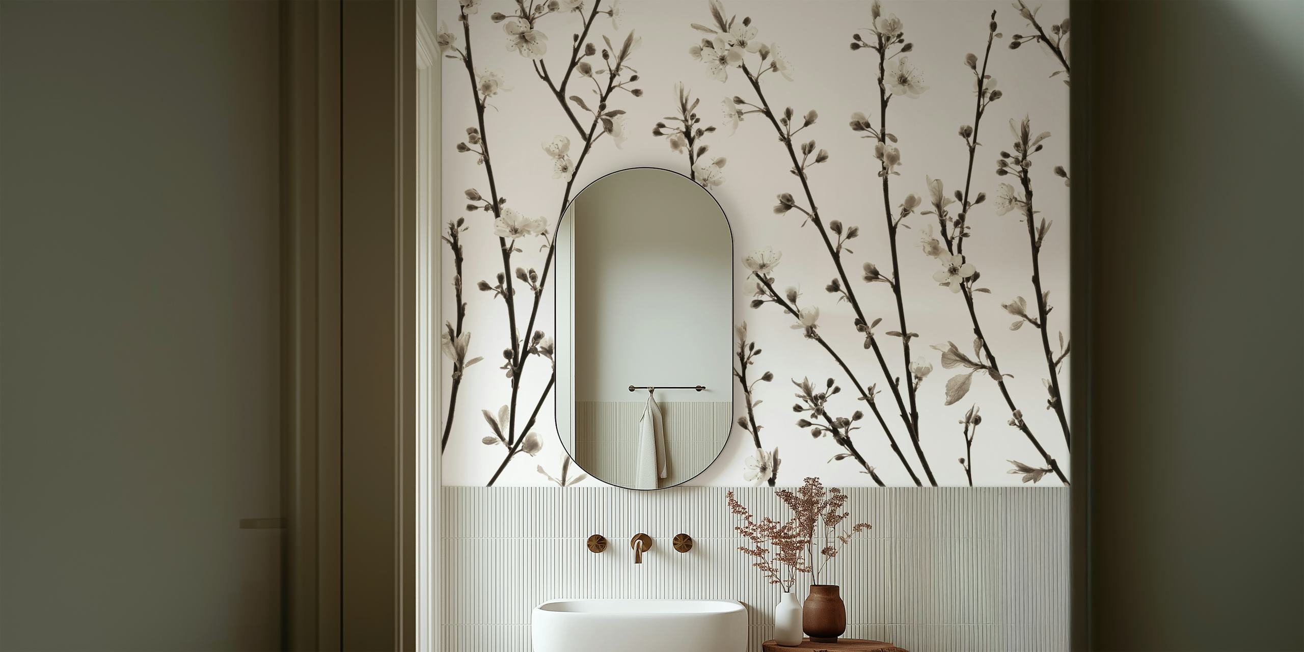 Black and white floral branches wallpaper