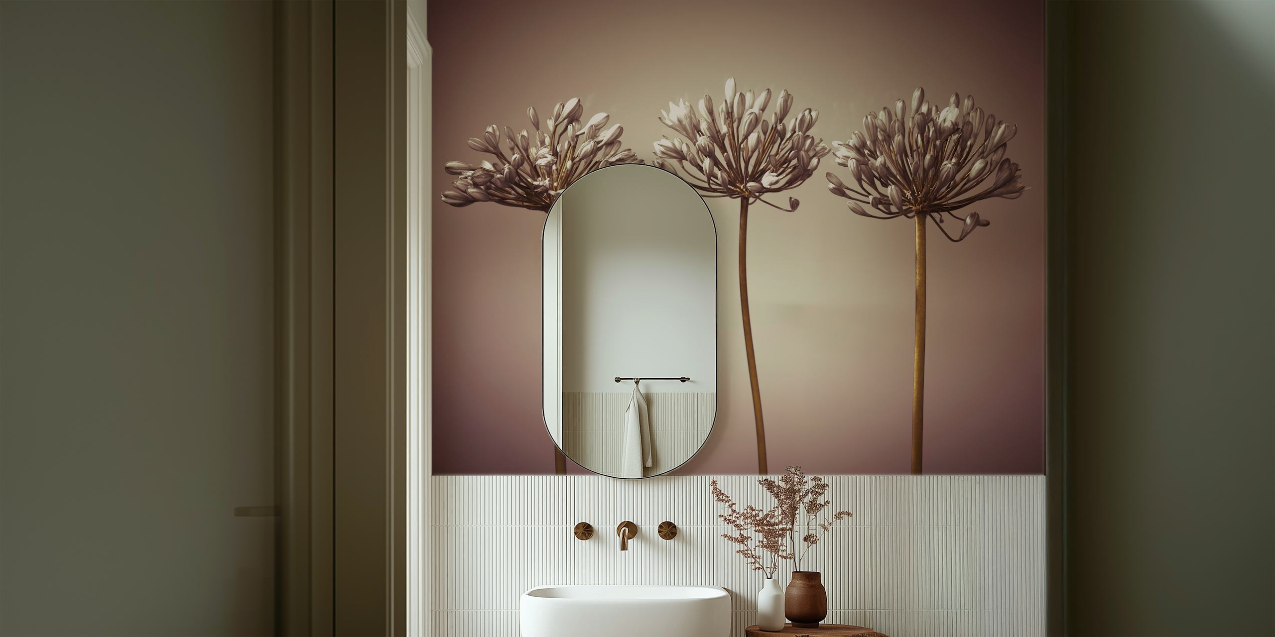 Three stylized African Lilies wall mural in a monochrome palette