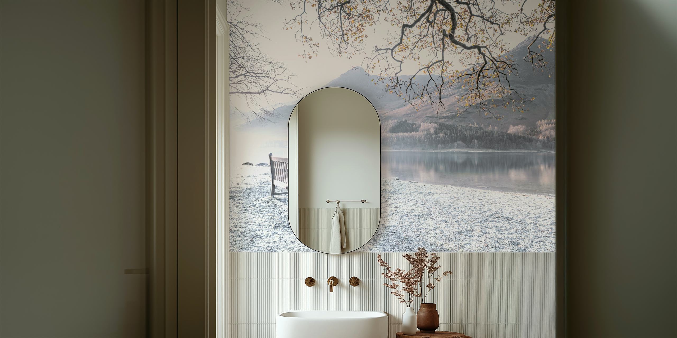 Design della carta da parati di un Bench by still lake