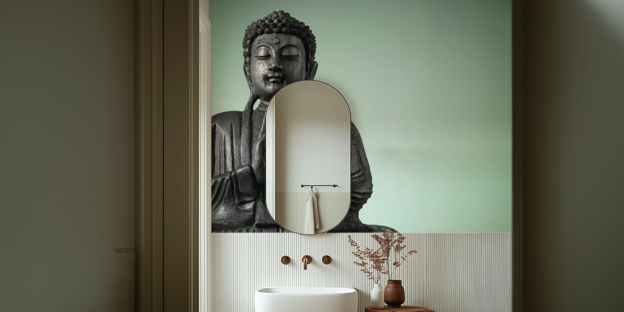 Meditating Buddha wall mural in monochrome for a peaceful home ambiance