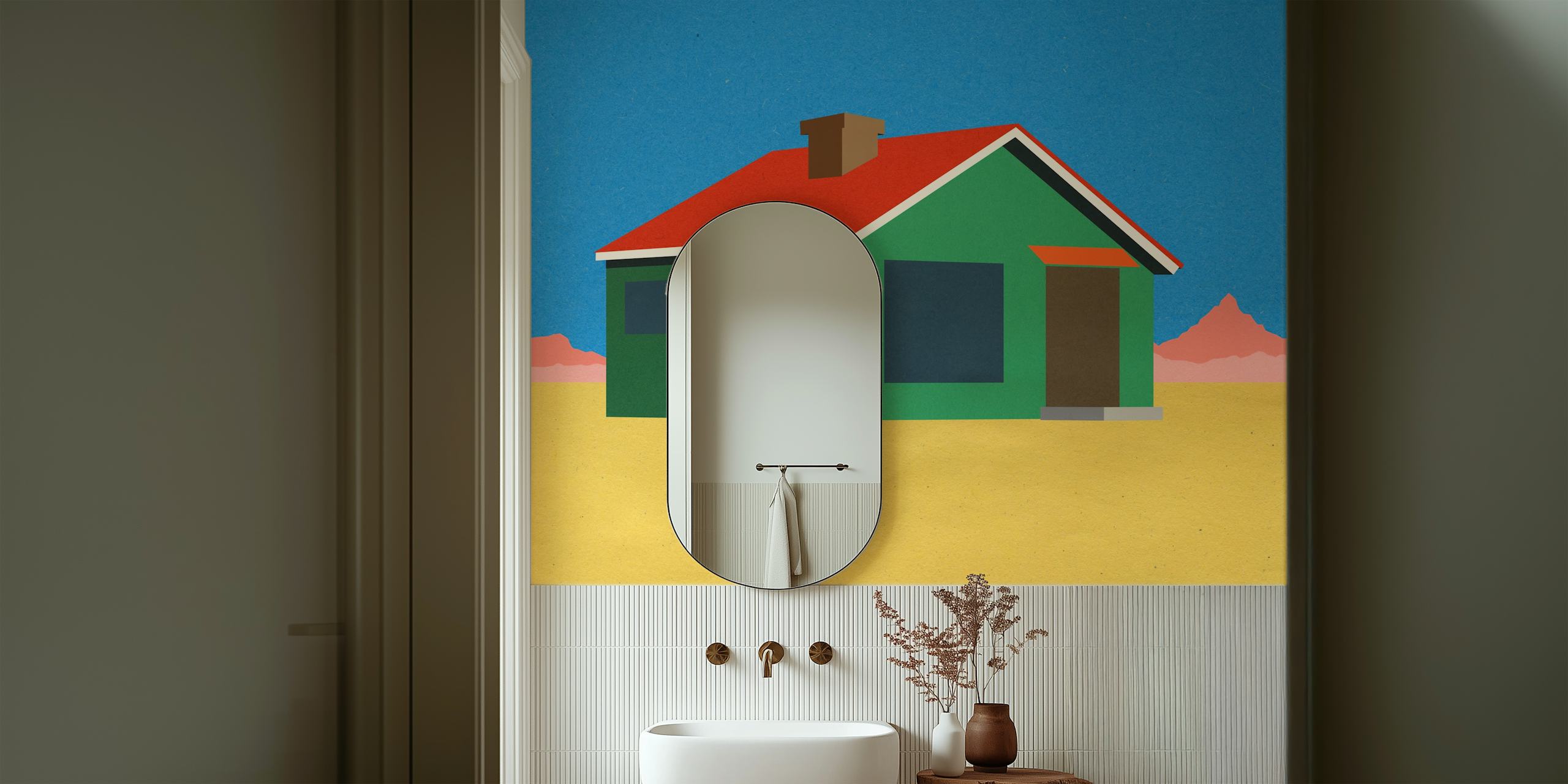 Colorful house design with green walls and red roof against a blue sky wallpaper