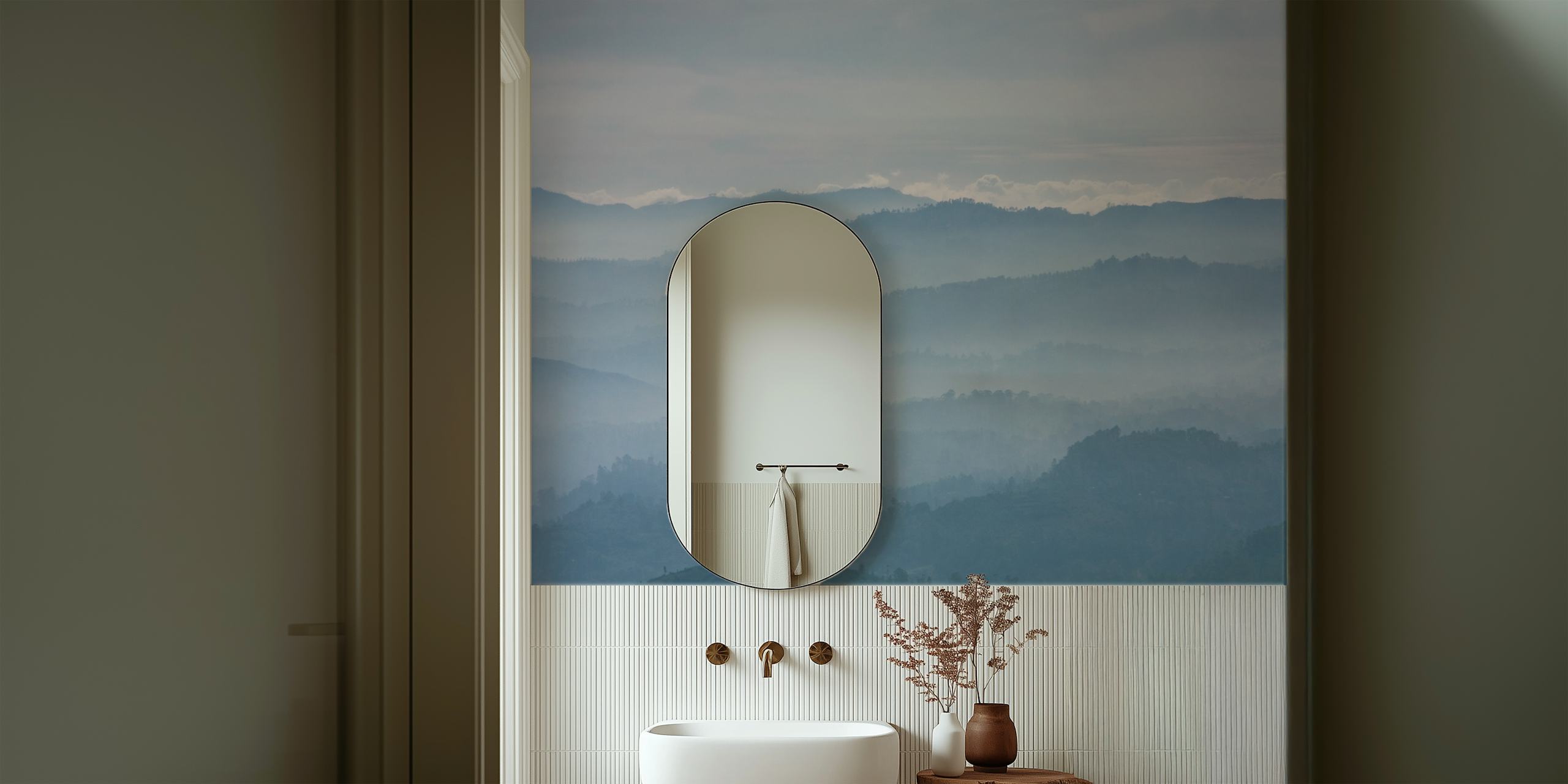 Foggy mountain landscape in blue tones wallpaper