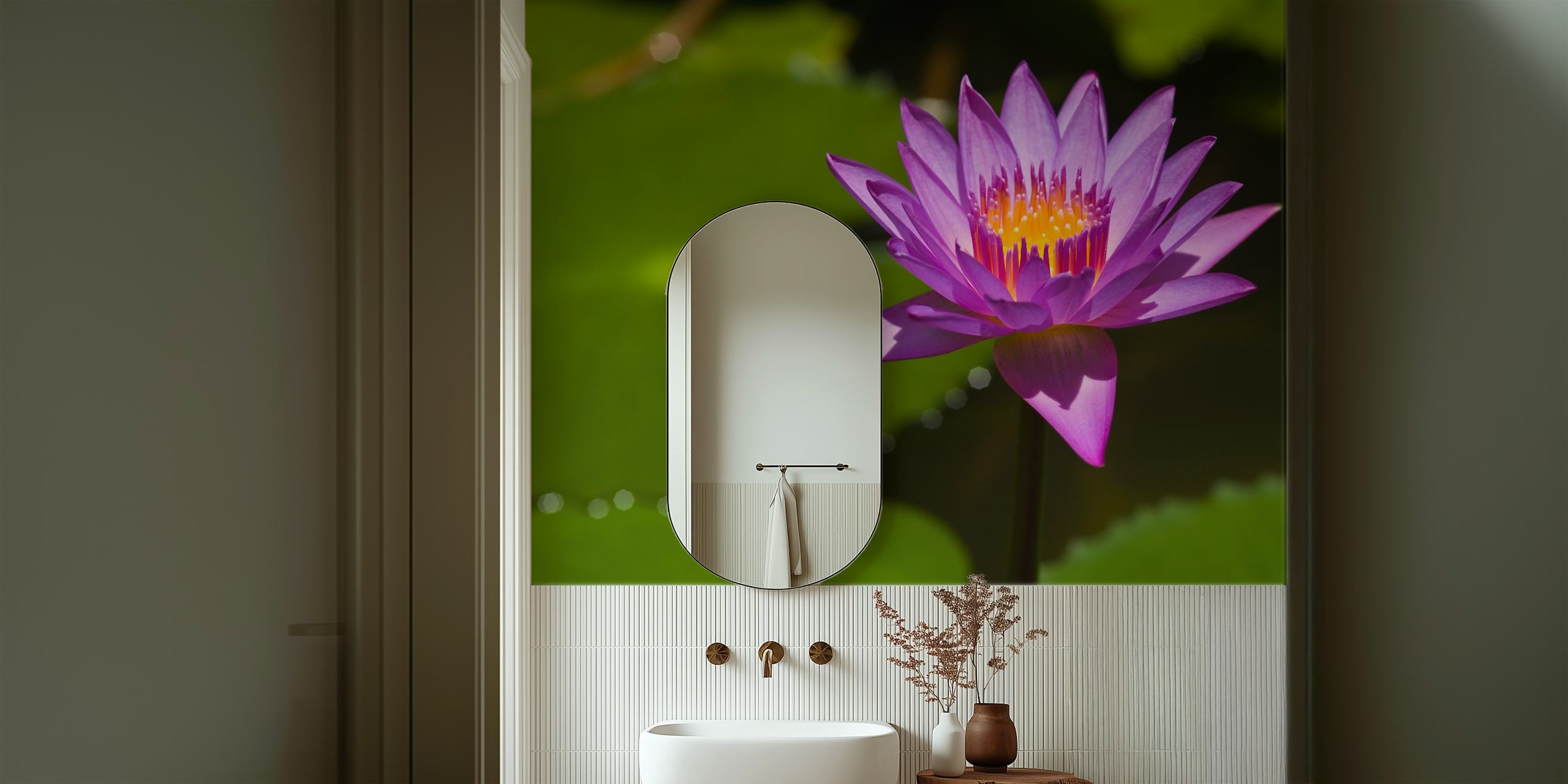 Purple lotus flower with green leaves wallpaper