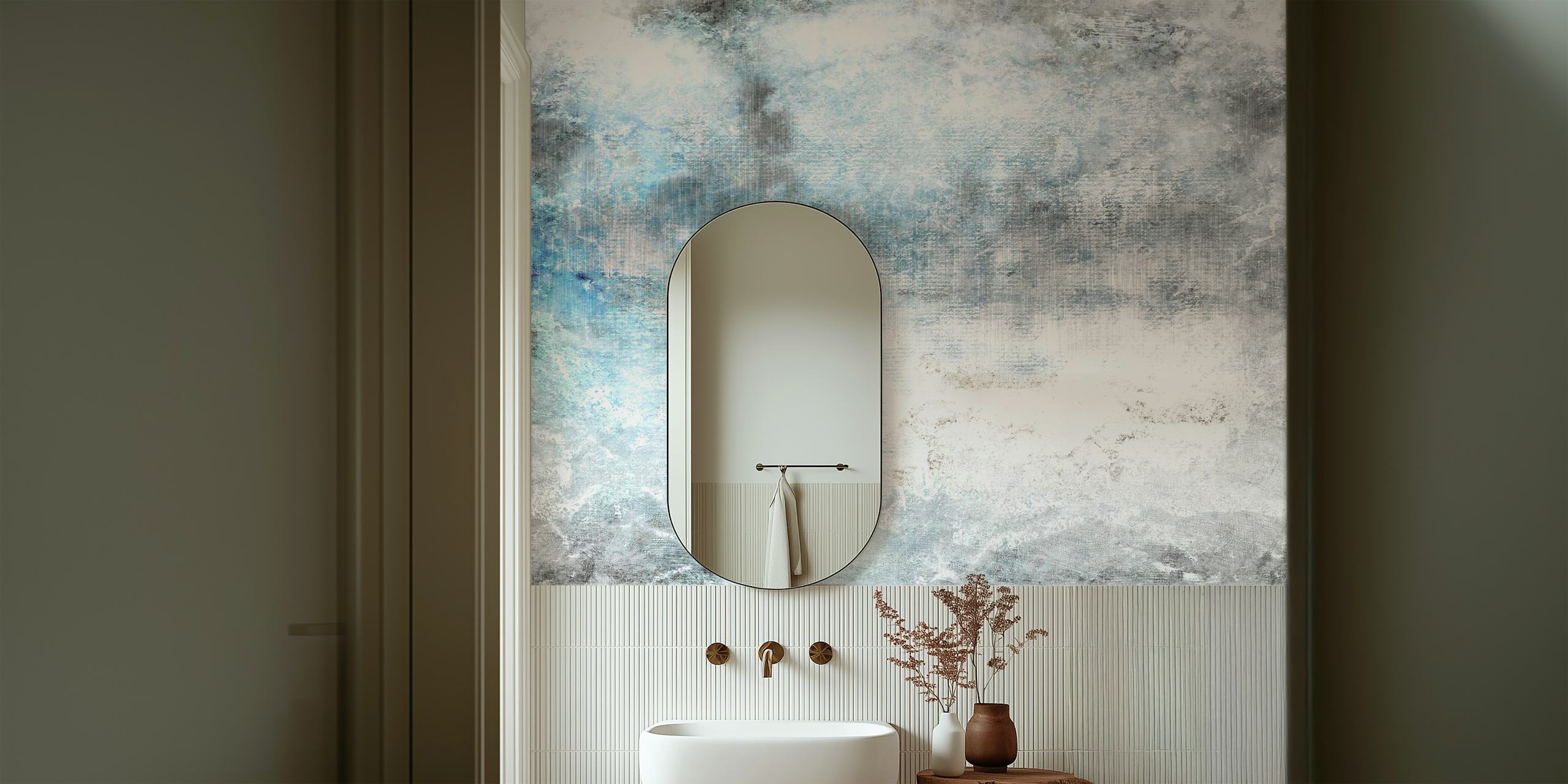 Frost inspired abstract wall mural with cool blue and white hues