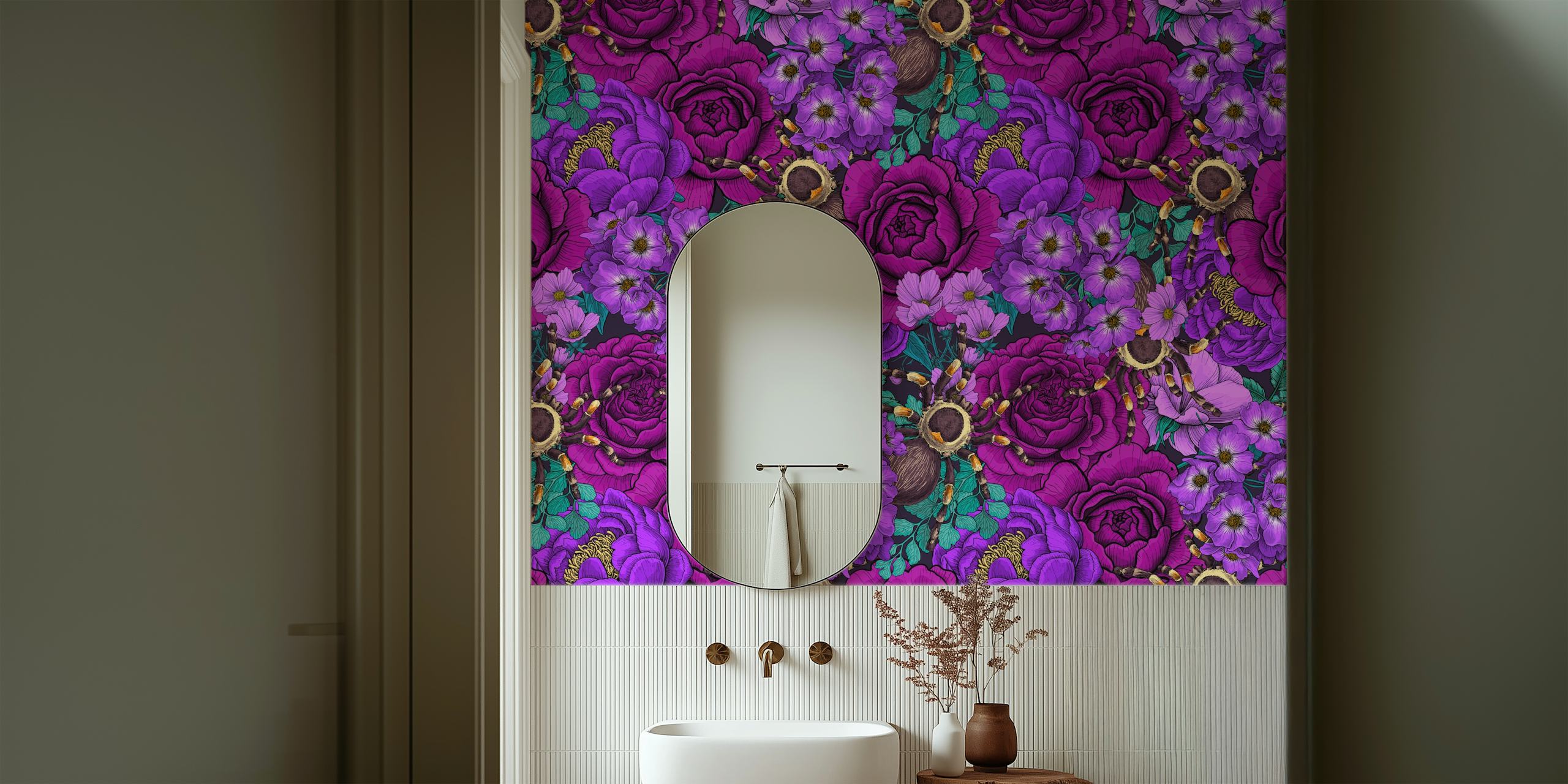 Purple flowers and spiders create a vibrant floral wallpaper design.