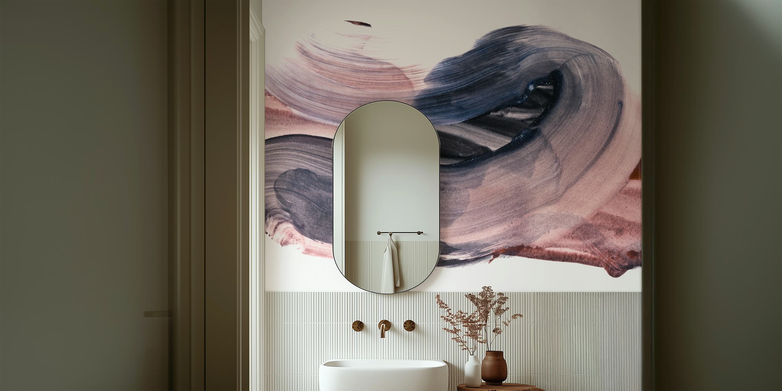 Abstract brushstroke patterns in pink, gray, and black wallpaper
