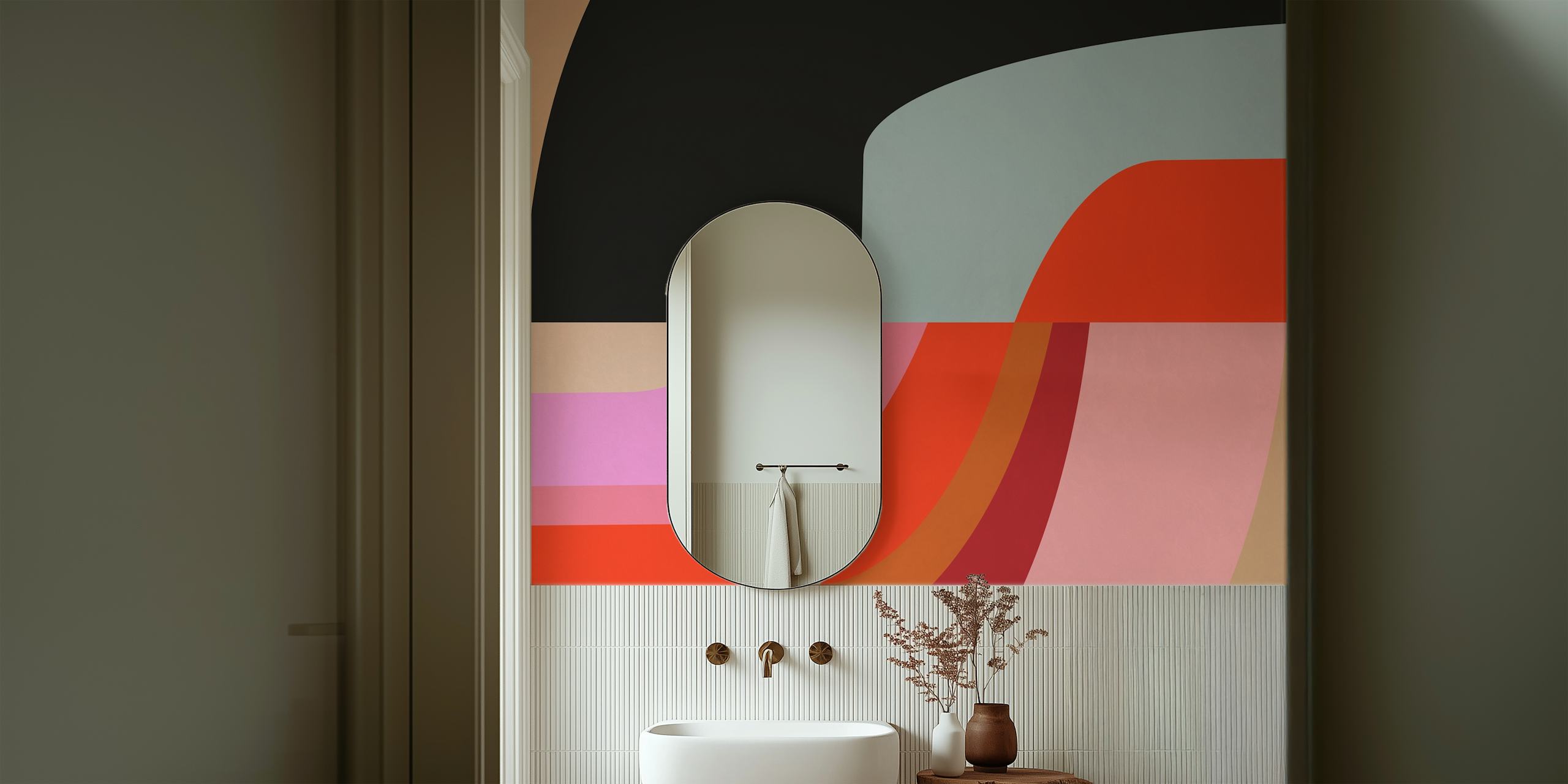 Colorful abstract waves in pink, red, black, and blue wallpaper