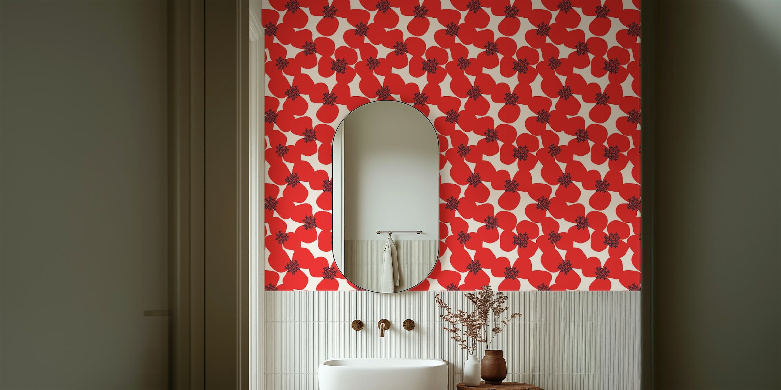 Red floral pattern wallpaper featuring bold flowers and shapes