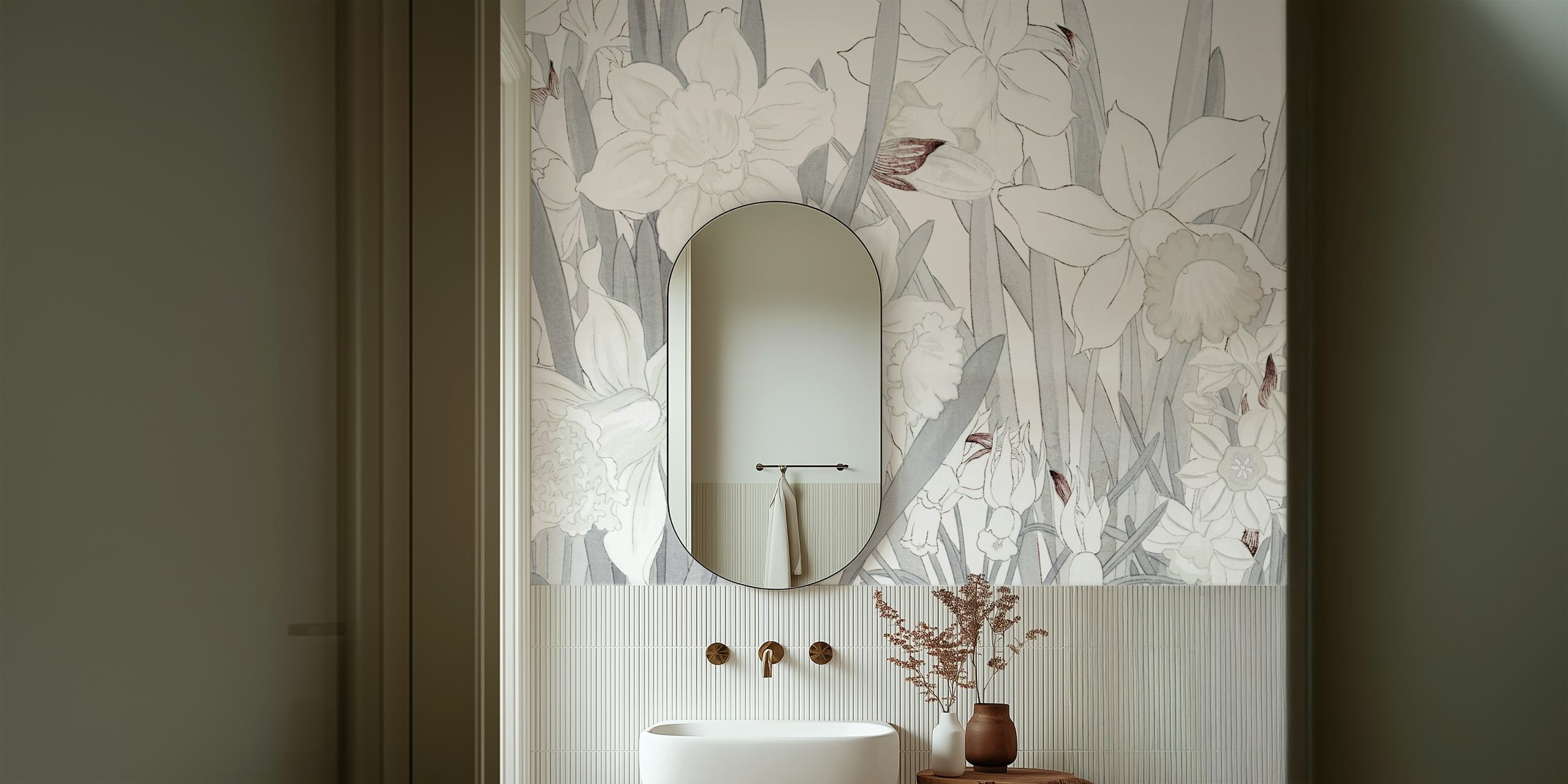 Light grey Scandinavian floral wallpaper in a room