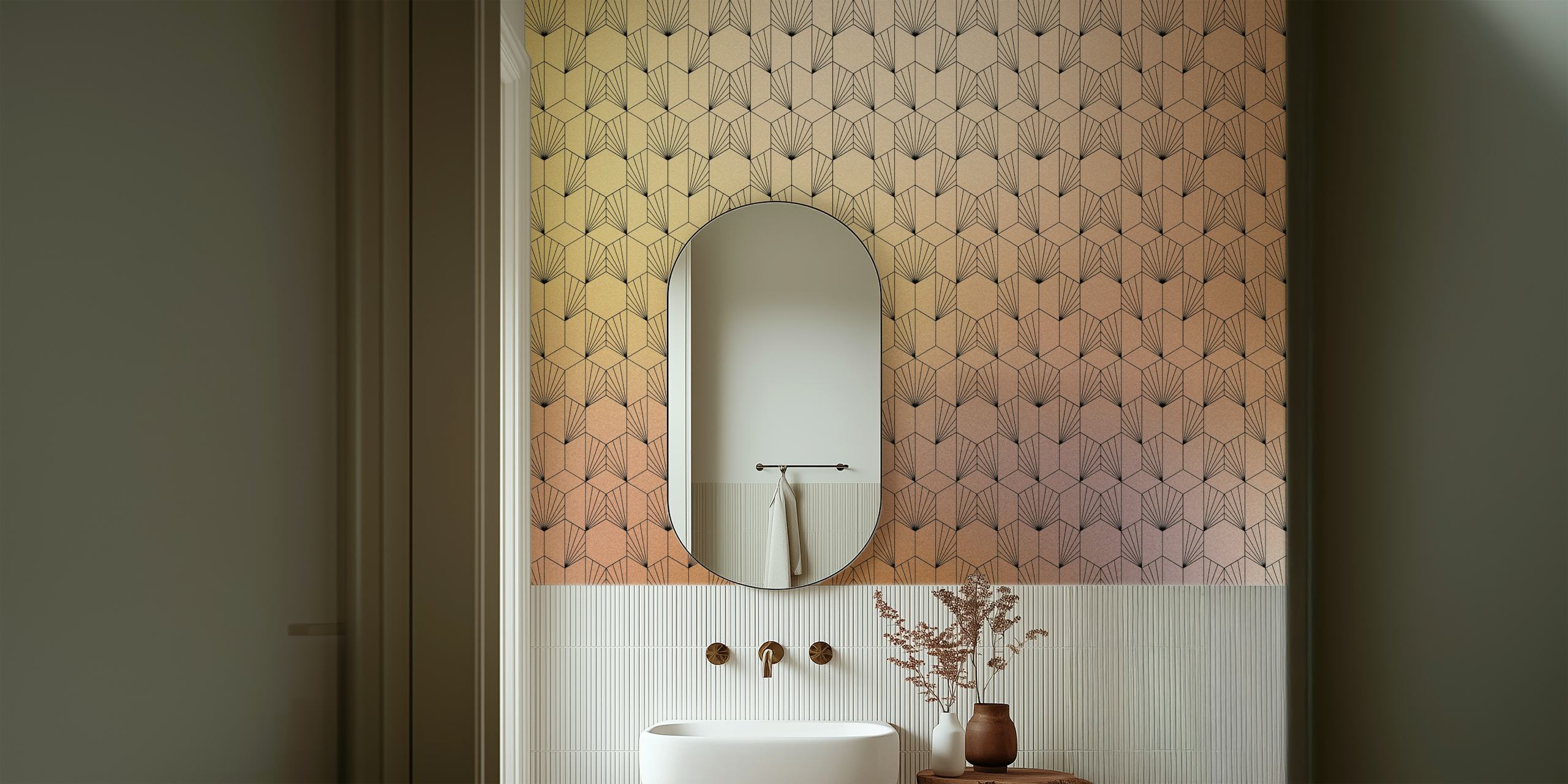 Papier peint mural dégradé hexagonal de style Art Déco dans des tons dorés et terreux