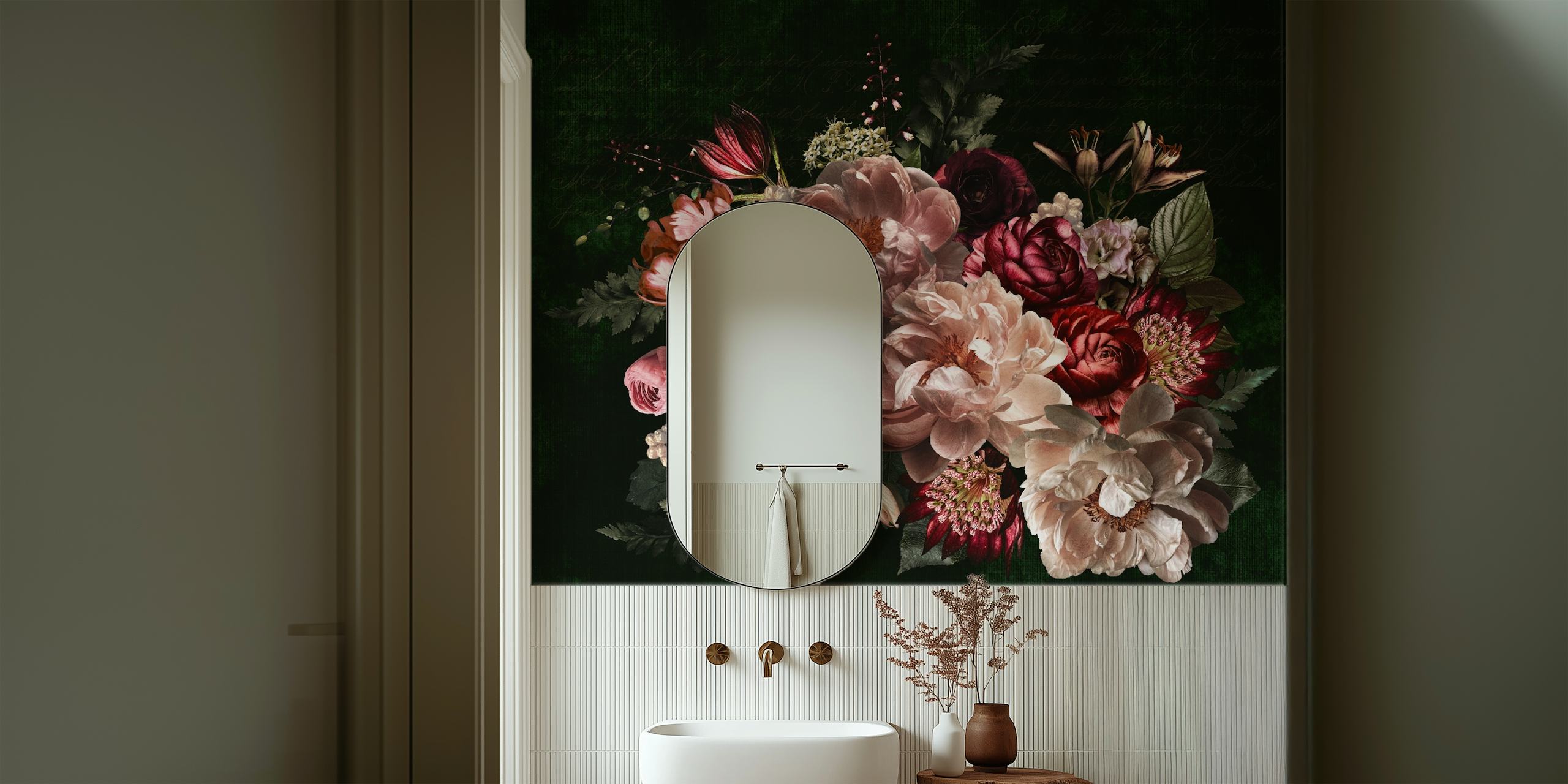Vintage floral bouquet with pink and burgundy flowers on a dark background wallpaper
