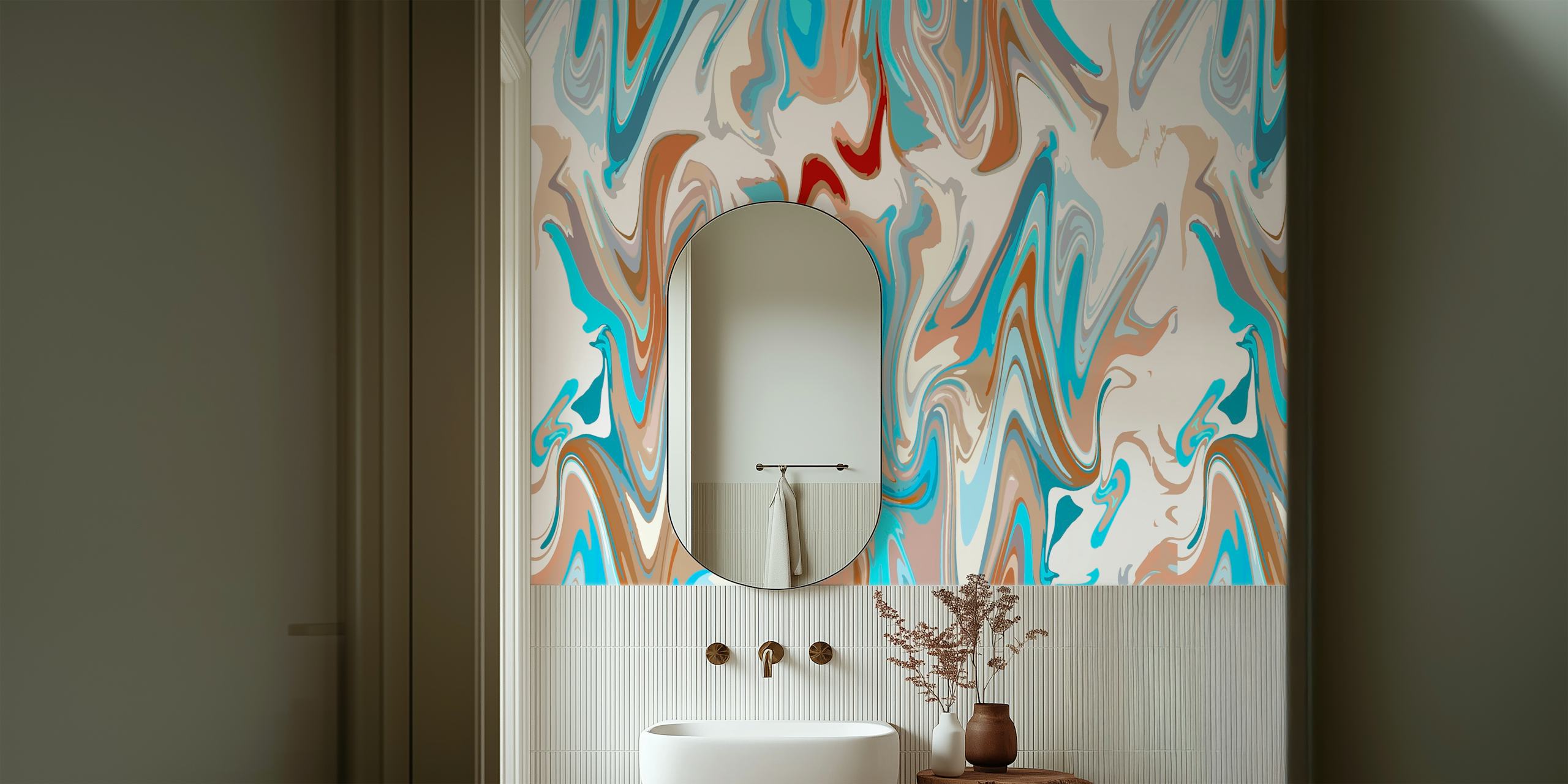 Papier peint mural à motif tie-dye abstrait avec des tourbillons bleus, crème et rouges