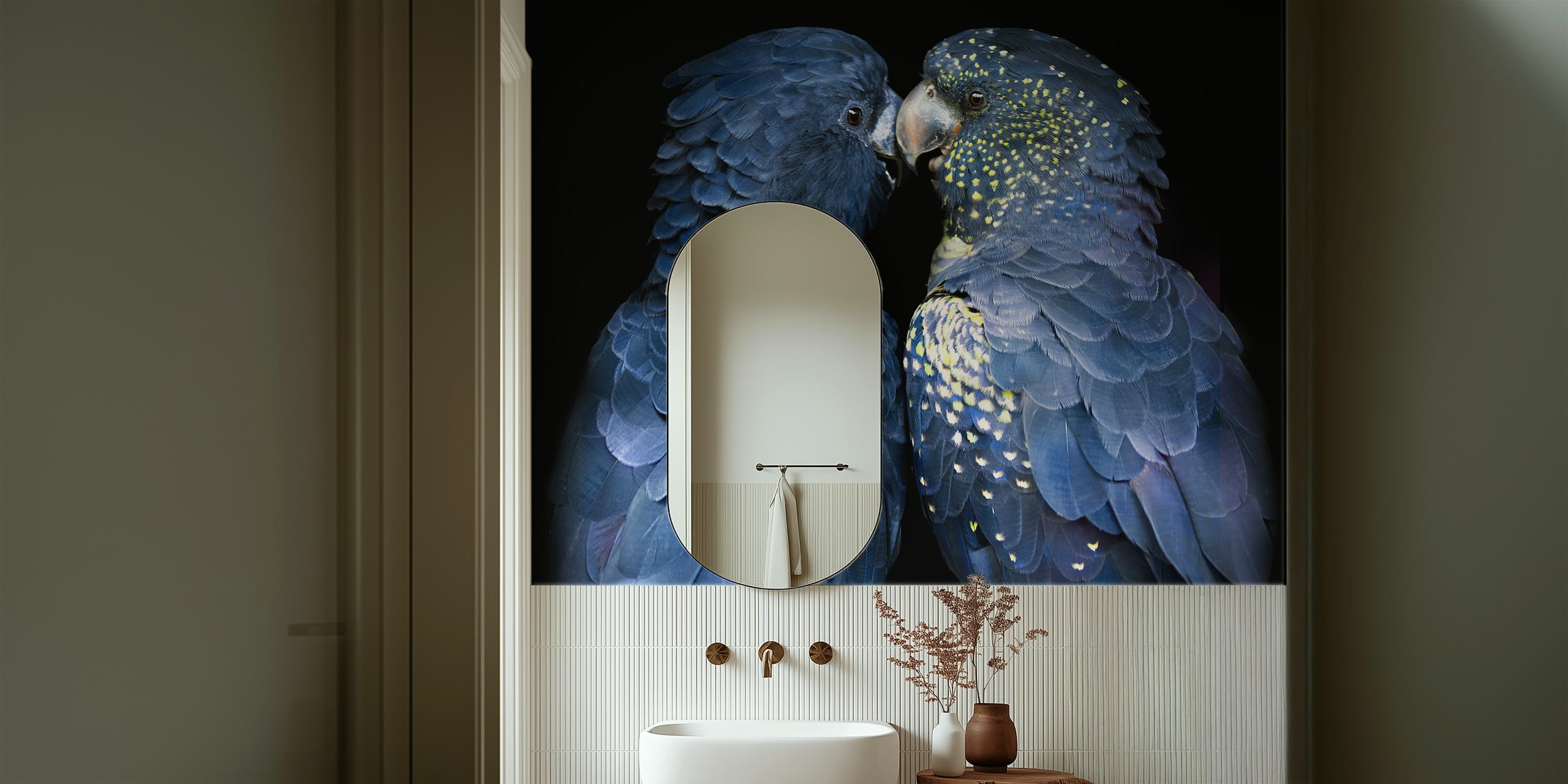 Two navy blue love birds close together with intricate feather detail wallpaper
