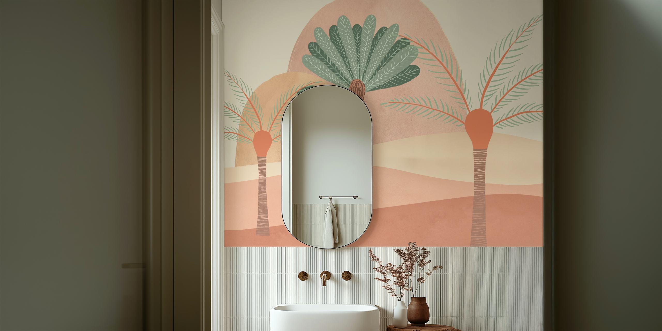 Peachy Sands serene desert wall mural with stylized flora in soft peach and sandy tones.