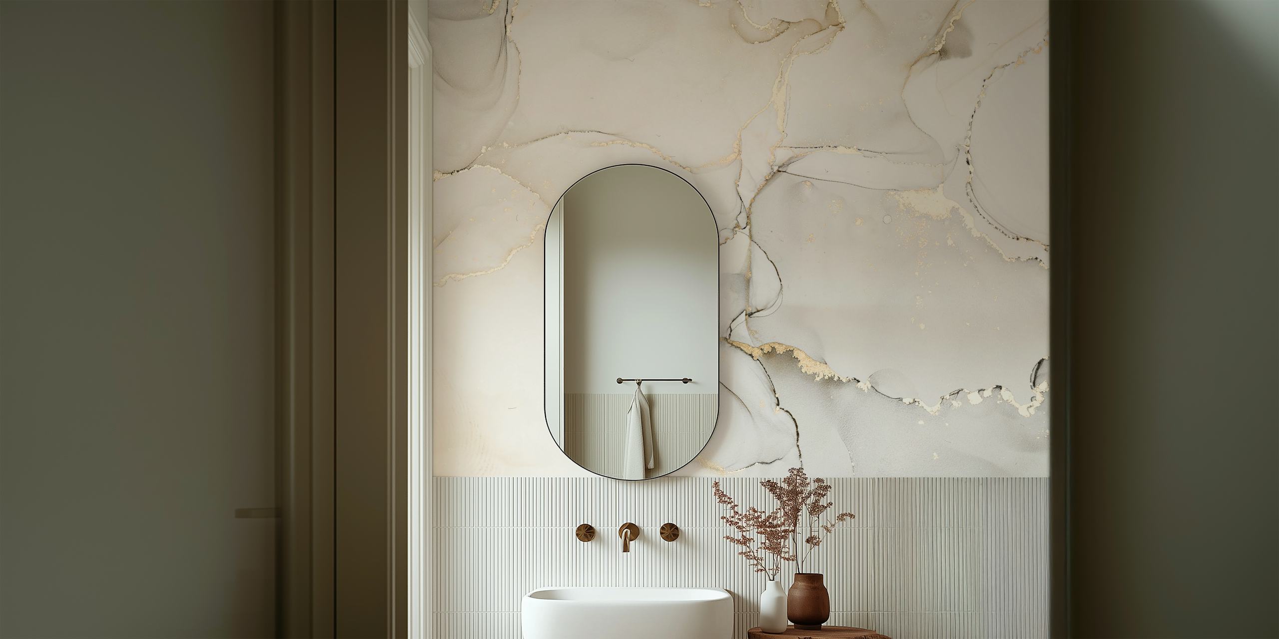 Abstract white and gold waves and lines wallpaper