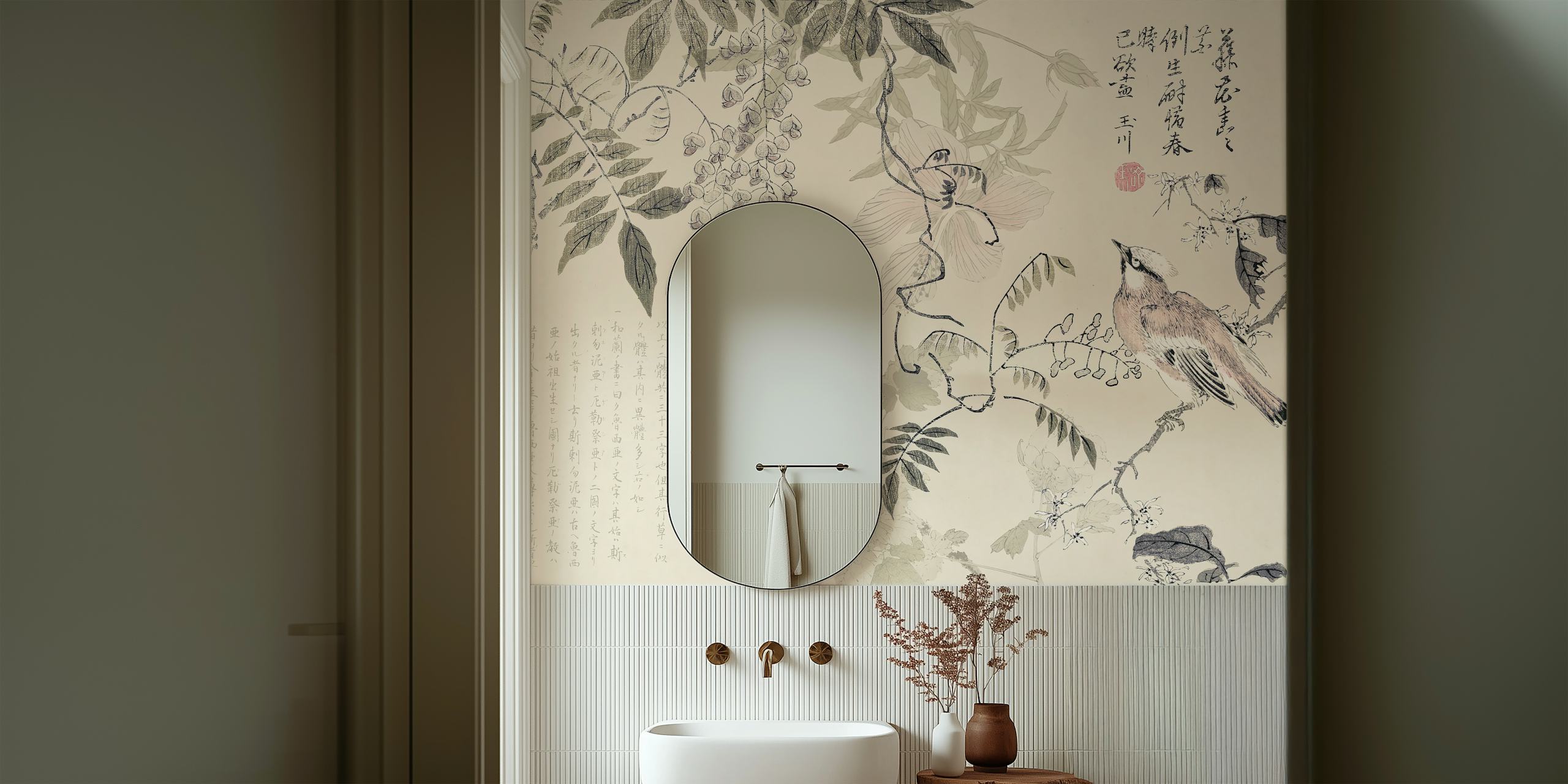 Wisteria Bird Chinoiserie vægmaleri med fugle og blomster på en neutral baggrund