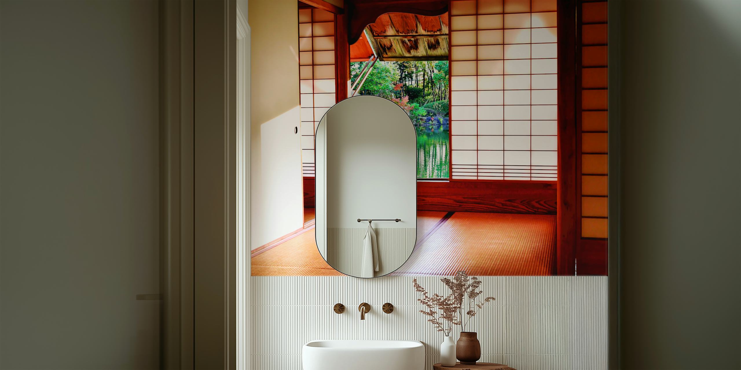 Porte shoji japonaise traditionnelle ouvrant sur un jardin zen papier peint mural