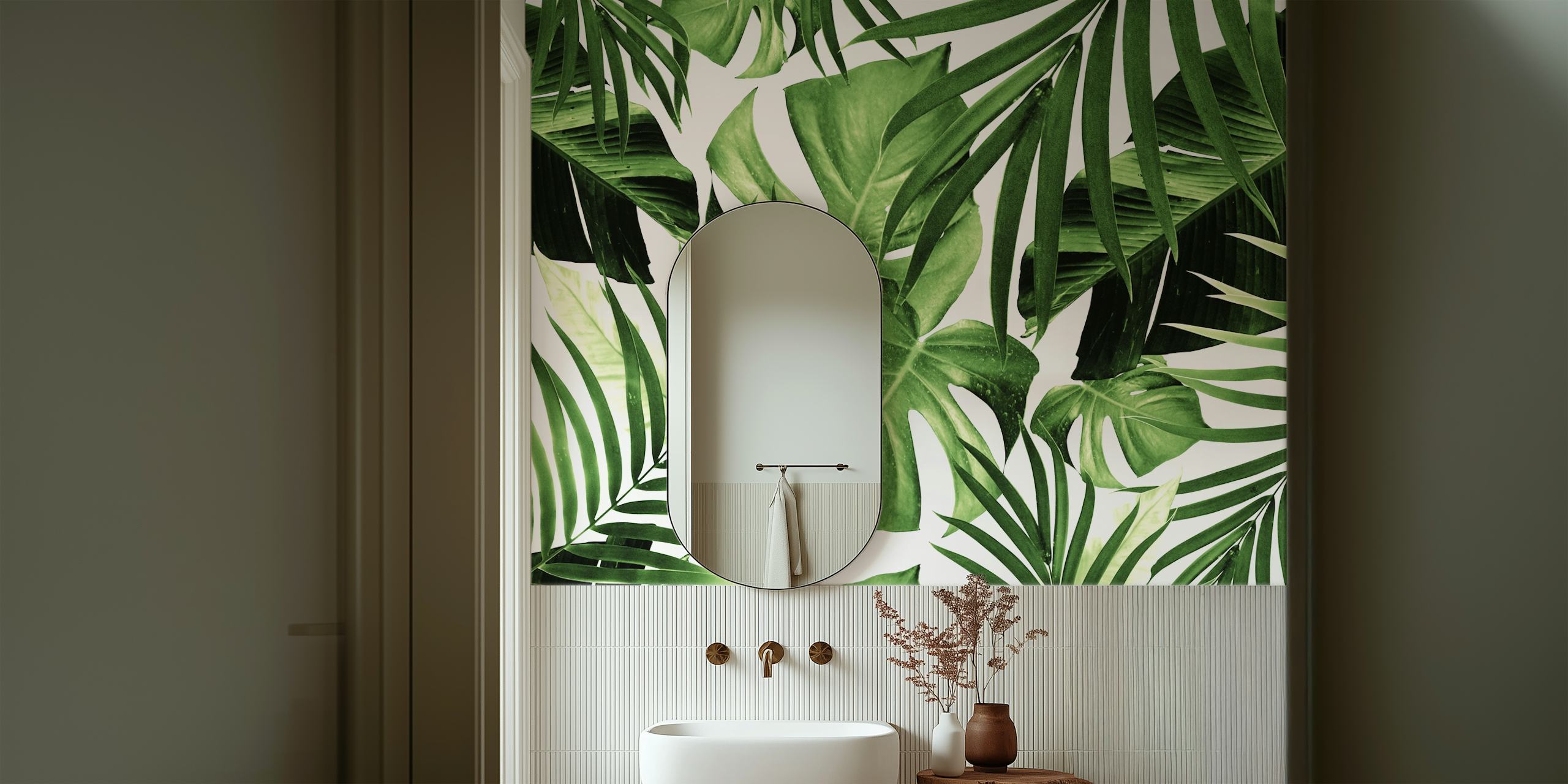 Tropical green leaves on a white background wallpaper
