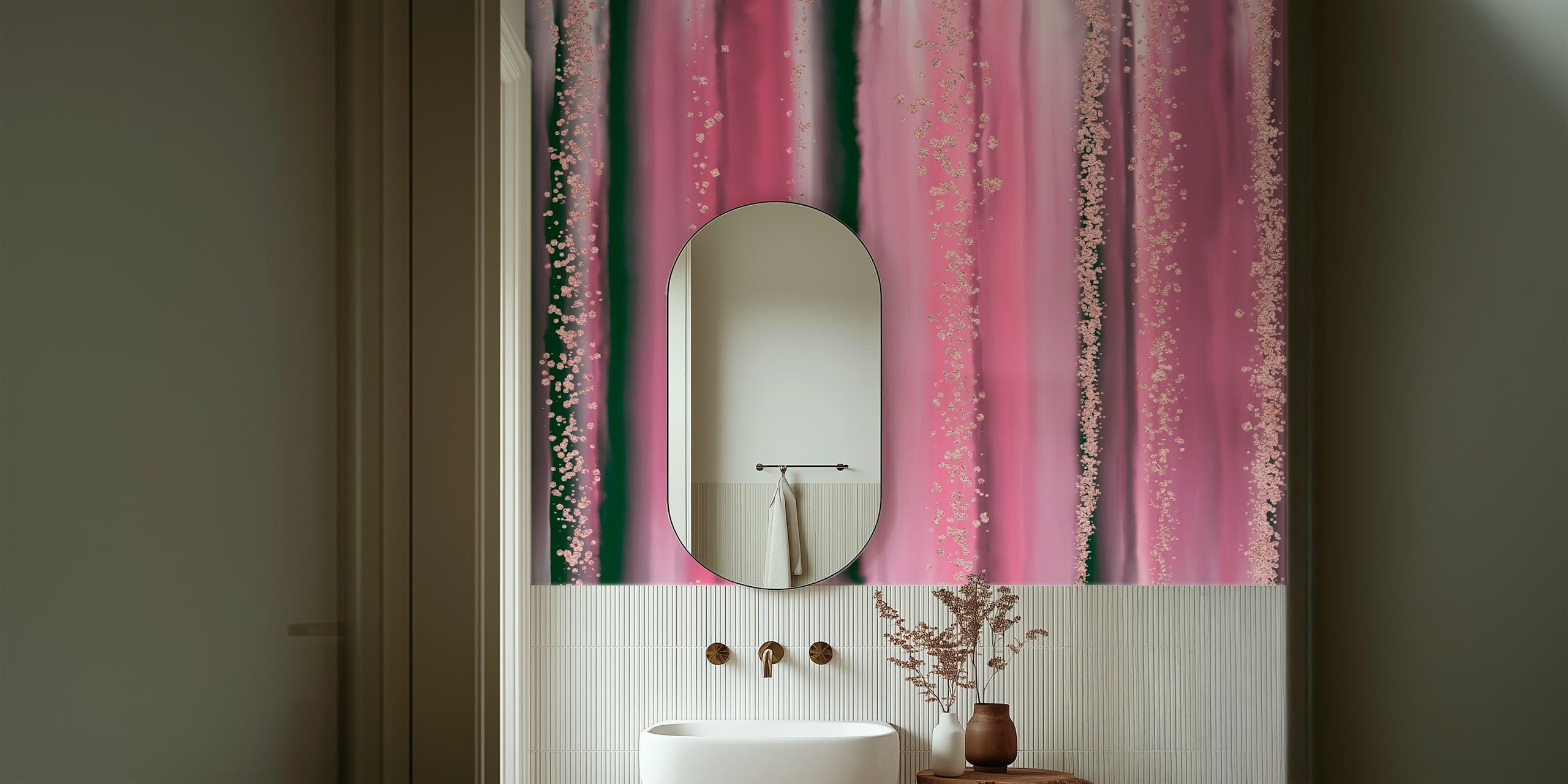 Pink and gold striped wallpaper with a glamourous finish