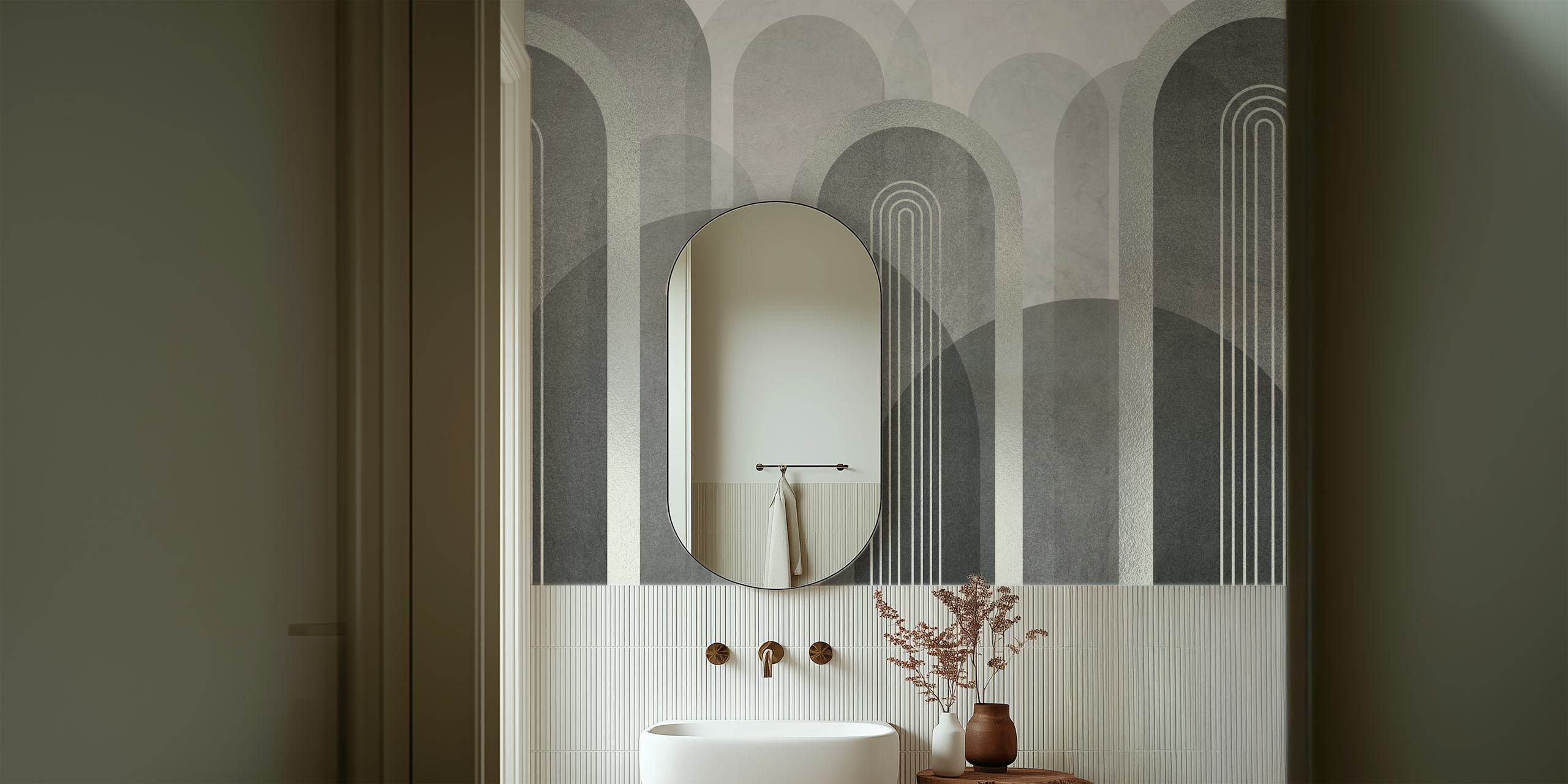 Mid-century arches grey and silver wallpaper design