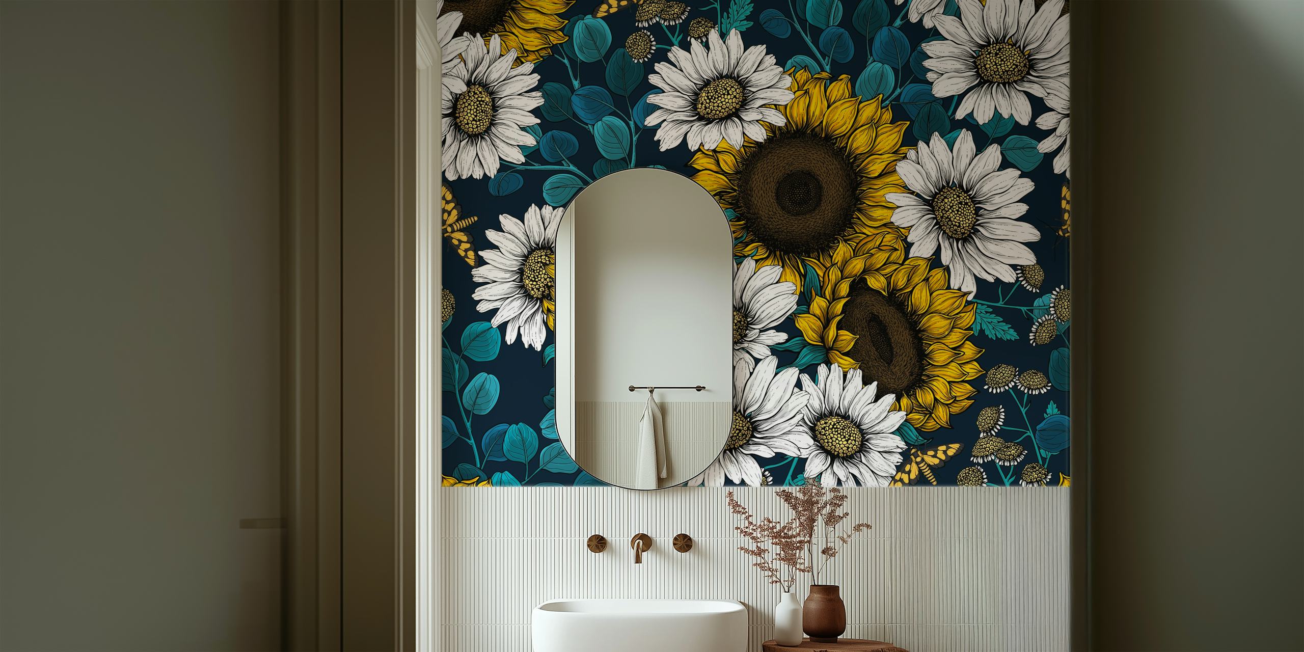 Vibrante murale con girasoli e margherite su uno sfondo blu intenso