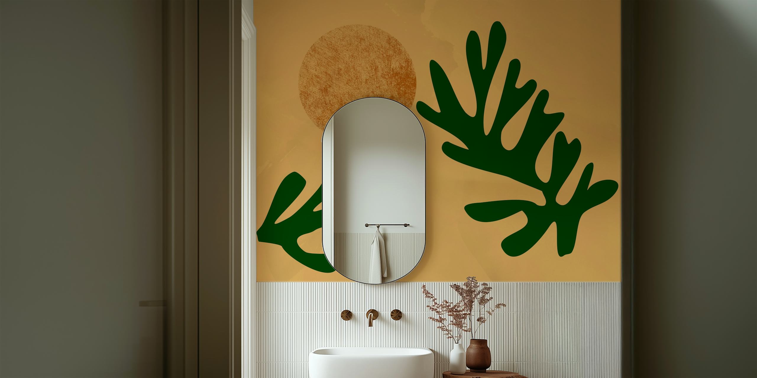 Matisse Inspired Leaf on Gold wallpaper in a room