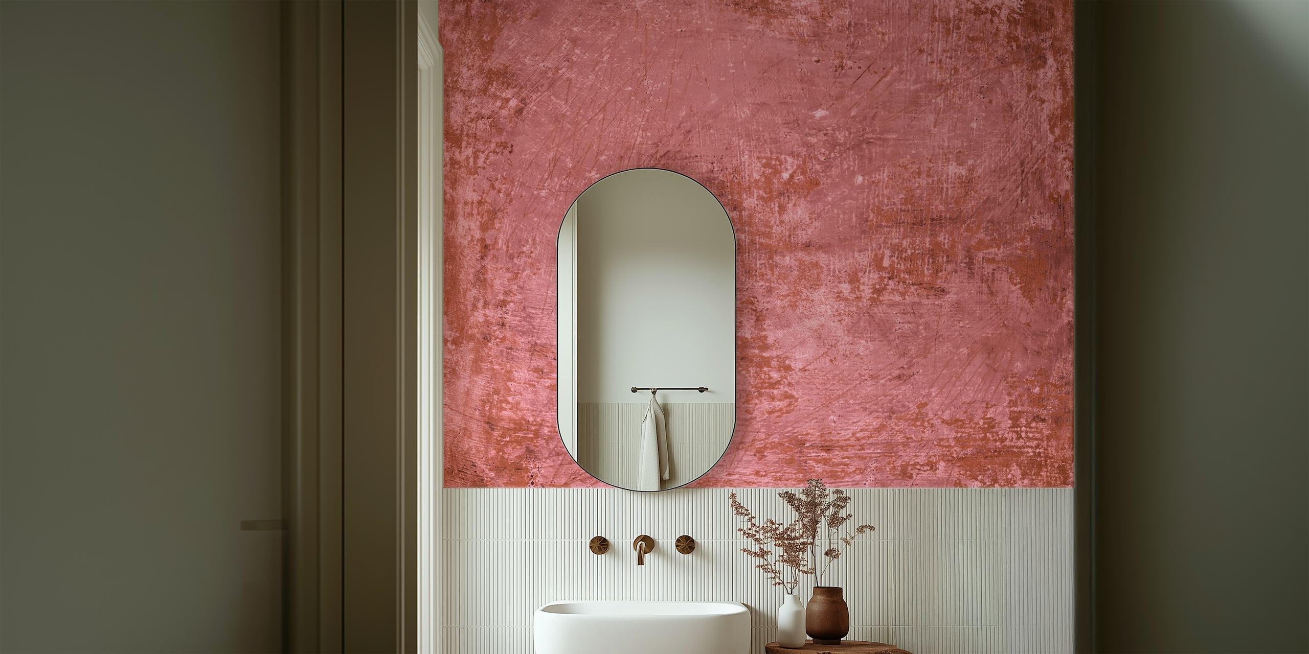 Textured terracotta colored wallpaper with rustic finish