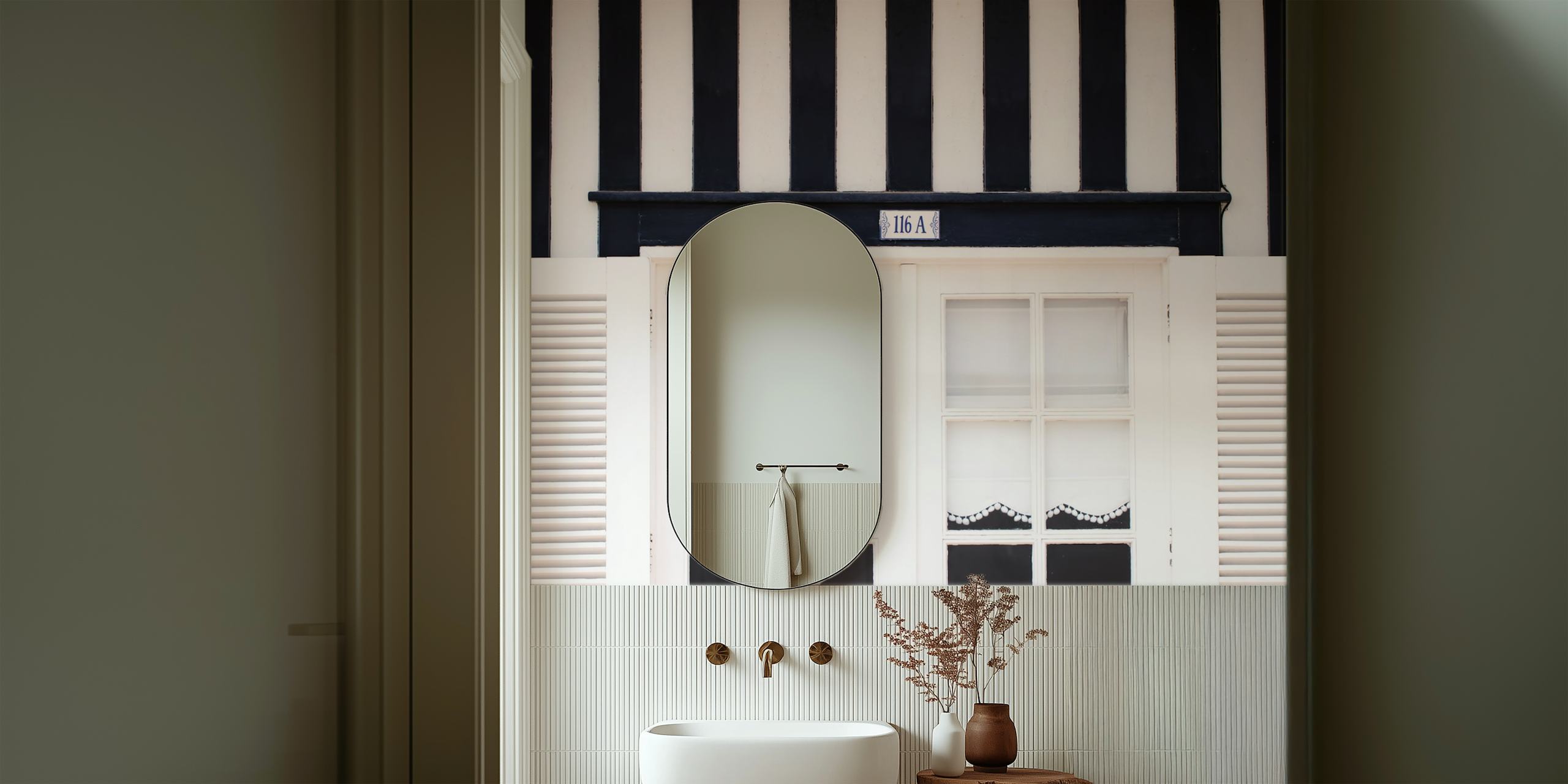 Black and white vertical striped wallpaper with window design