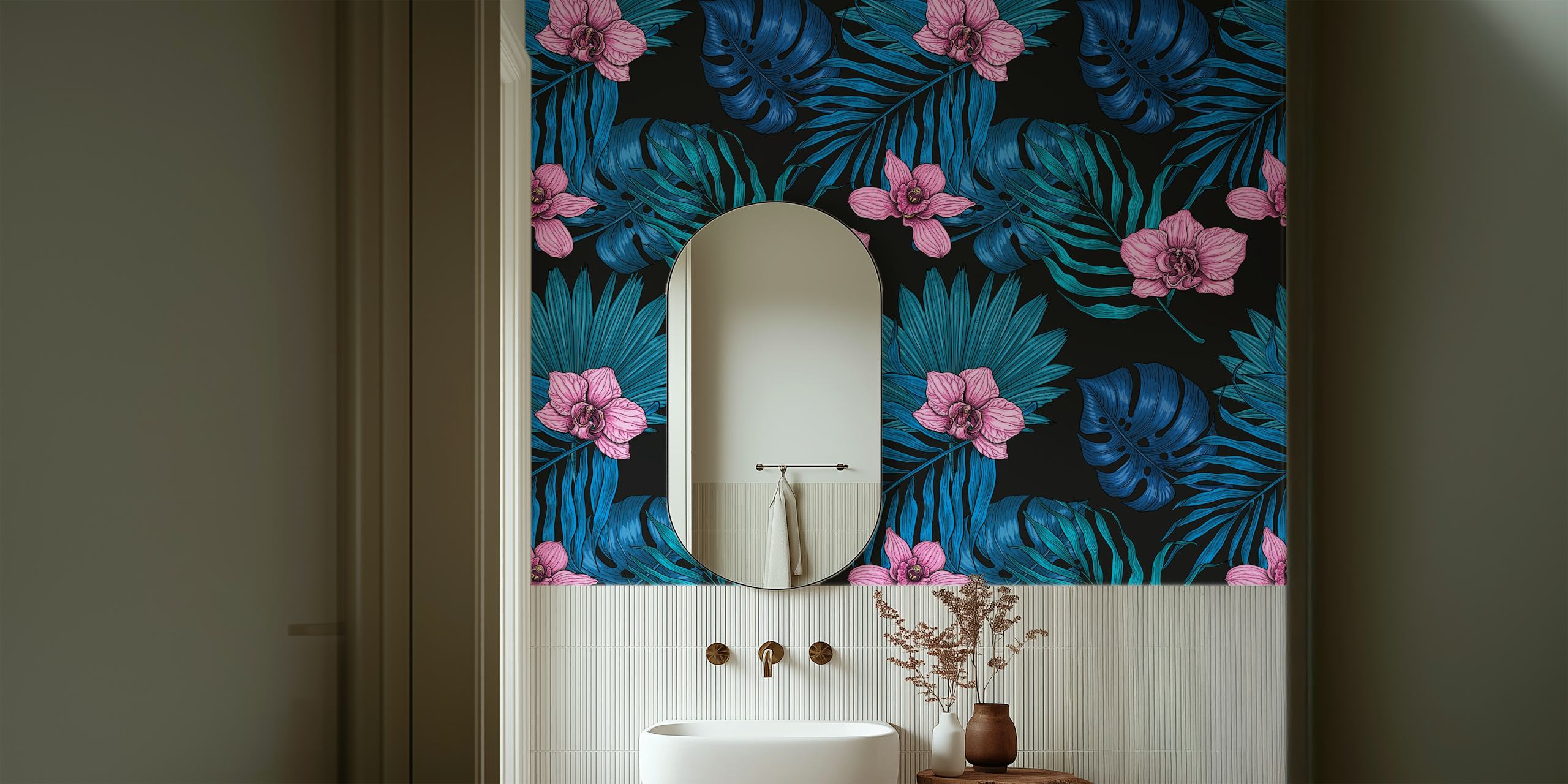 Orchids and palm leaves in pink and blue tones wallpaper