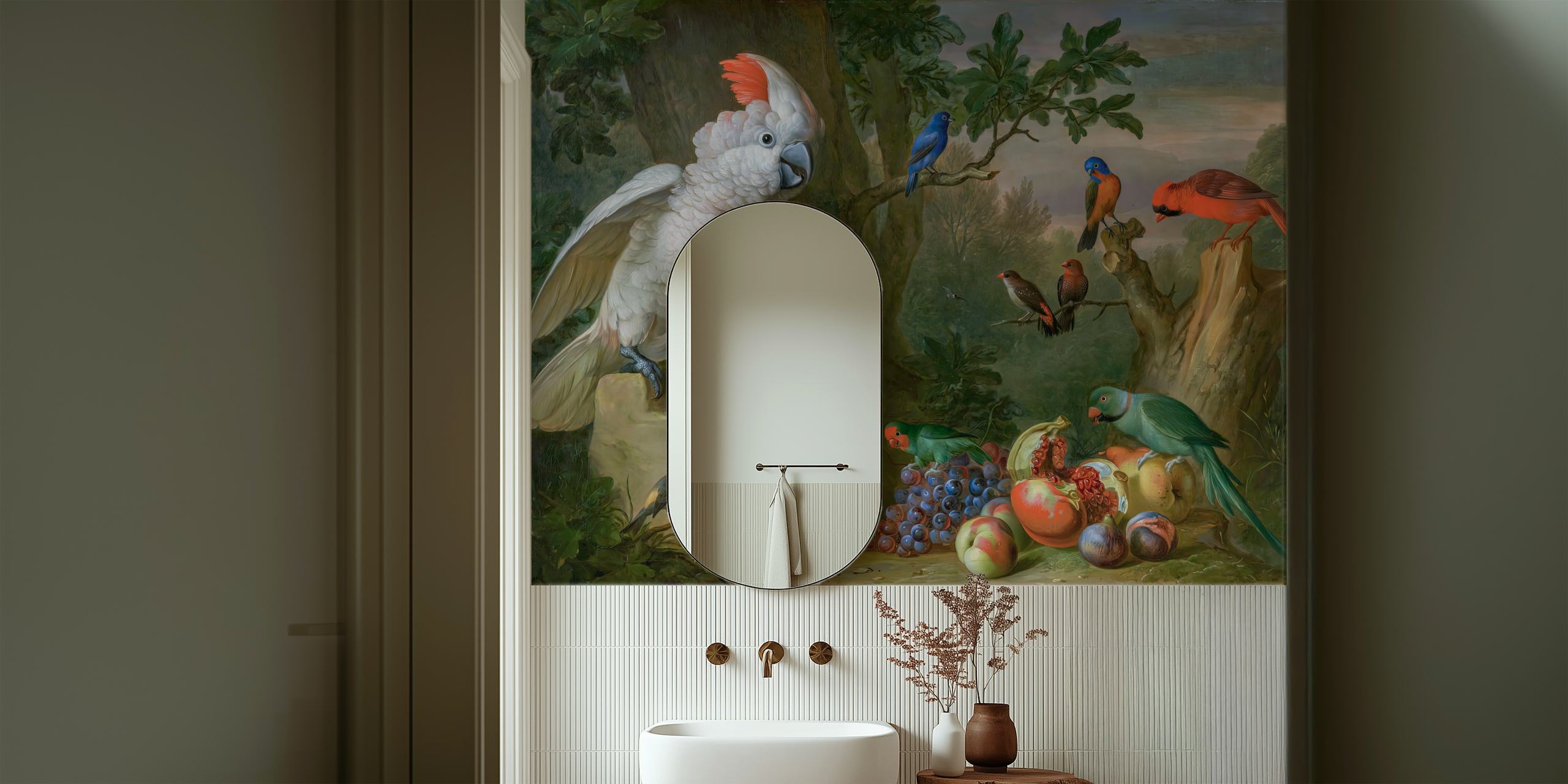 Tropical Bird Still Life tapetdesign i et rum