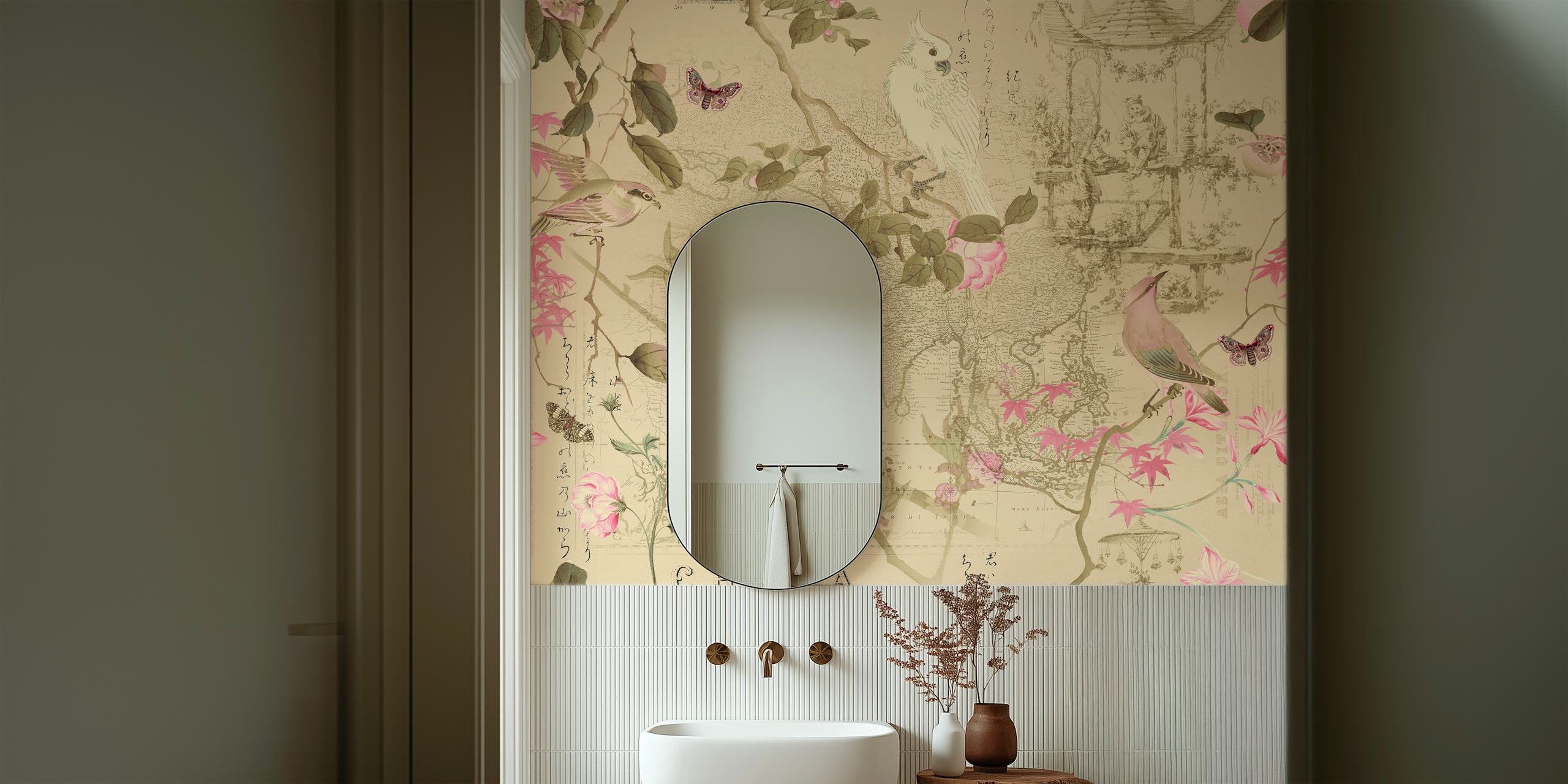 Vintage floral design with pink flowers and birds wallpaper
