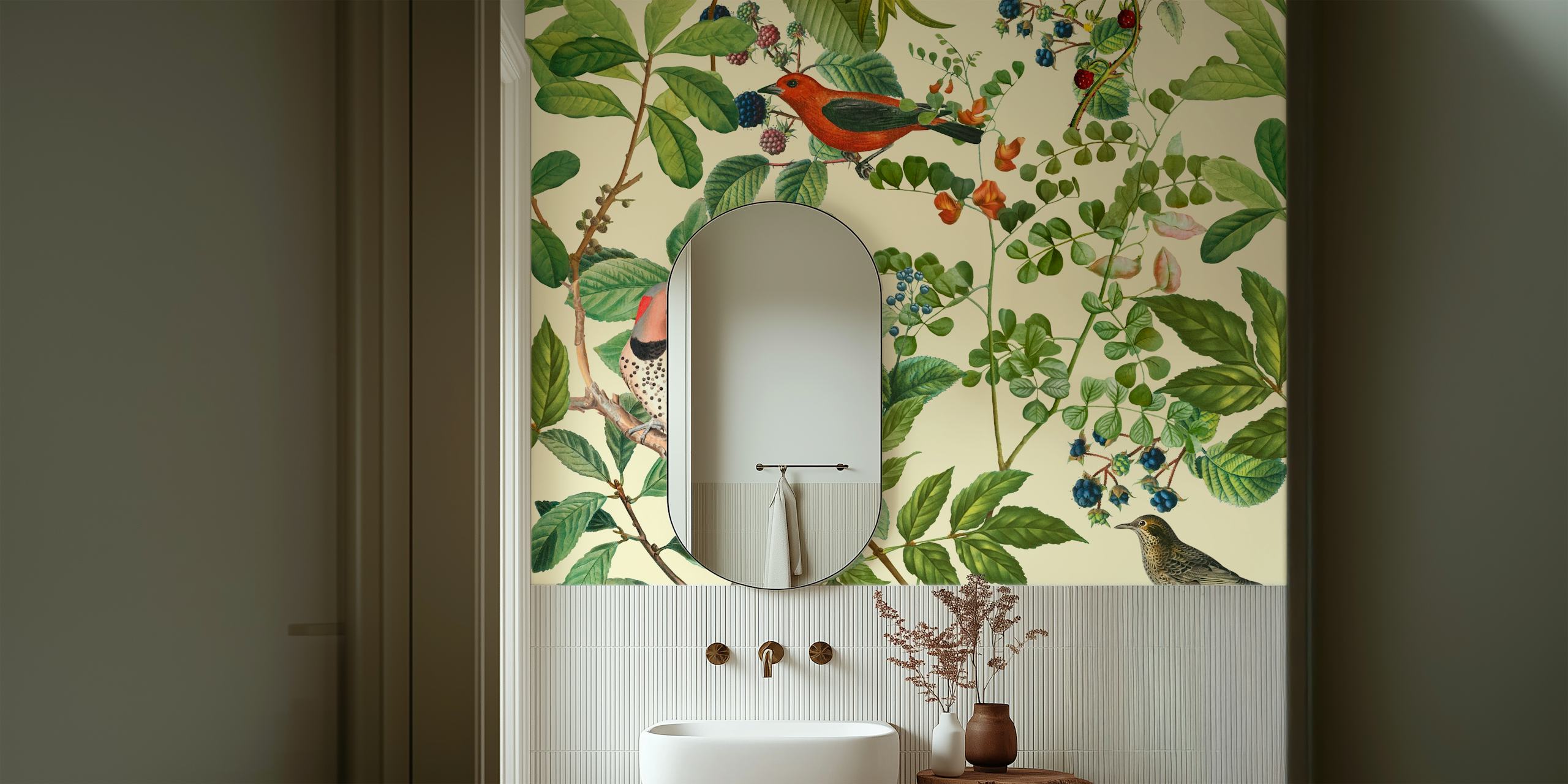 Vögel und Beeren in lebendigen Farben auf beigem Hintergrund, botanische Motive wallpaper